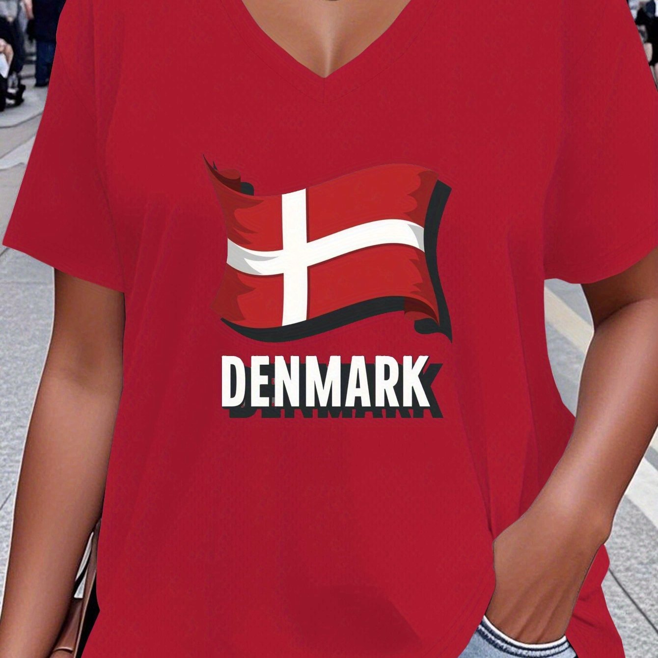 TEMU Denmark Flag Waving Illustration Large Size V-neck T-shirt