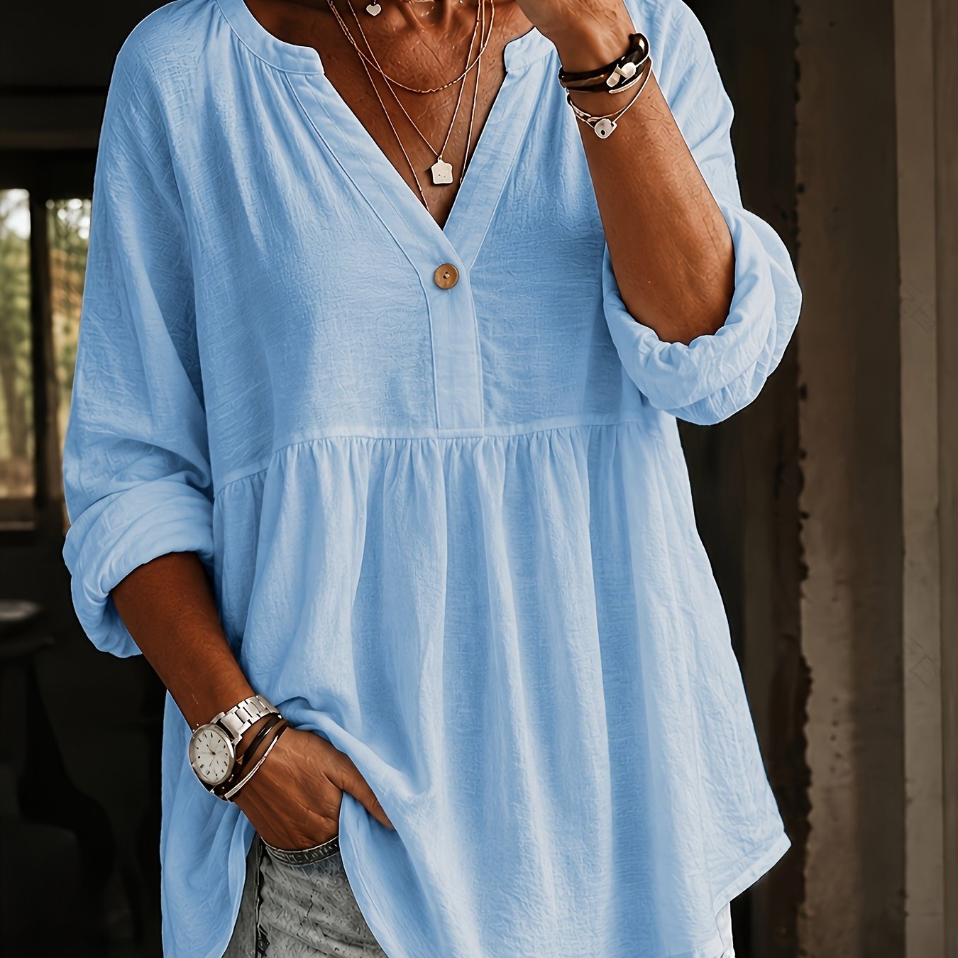 TEMU Plus Size, Elegant V-neck Long-sleeve Solid Color Versatile Plus-size Women's Shirt