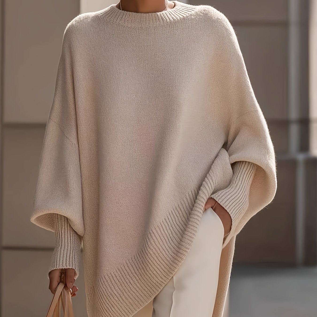 TEMU Relaxed Silhouette Top, Irregular Slanted Hem Loose Lantern Sleeve Sweater, Gentle And Elegant Loose Fit , Urban