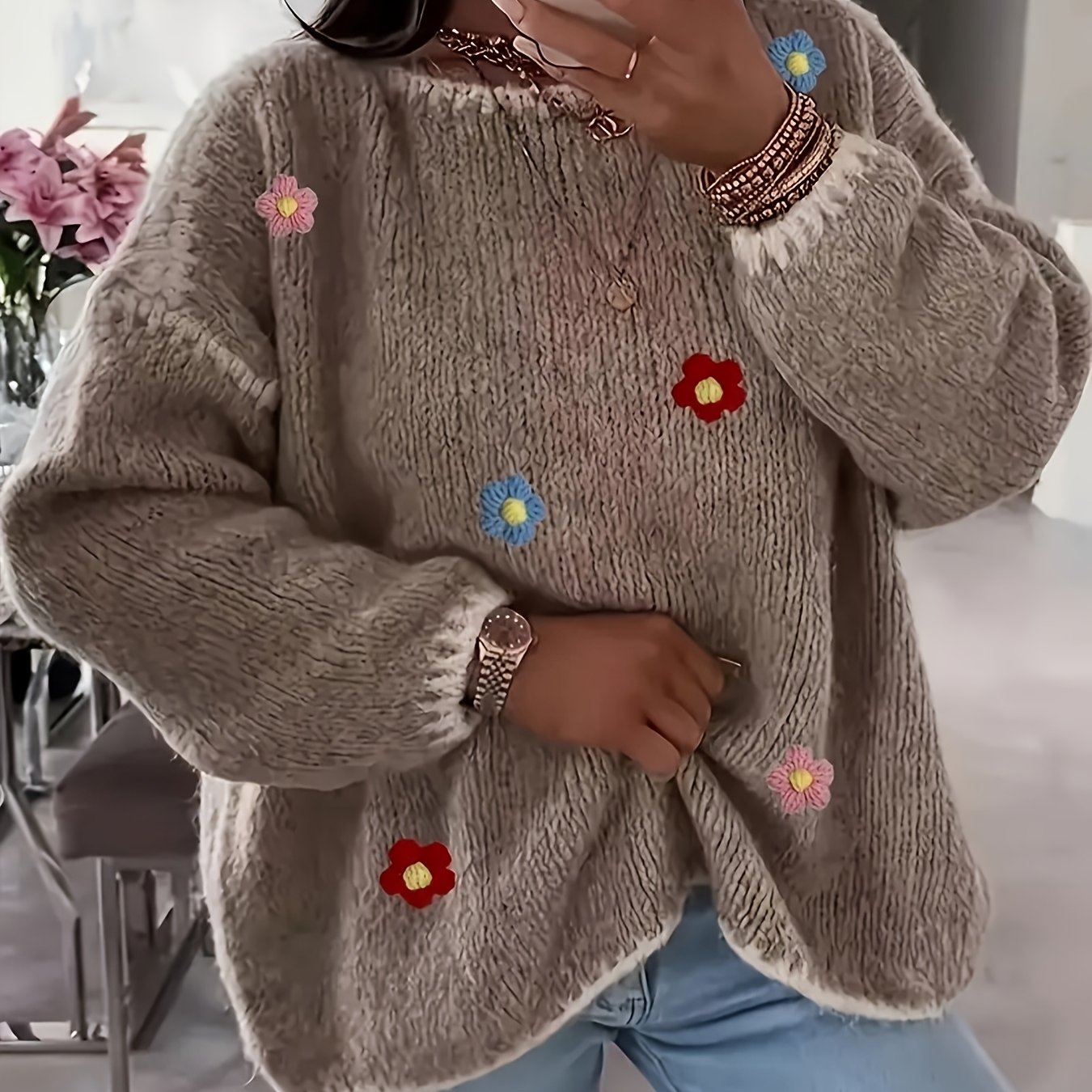 Women's Floral Pullover Elegant Sweater For Autumn And Winter
