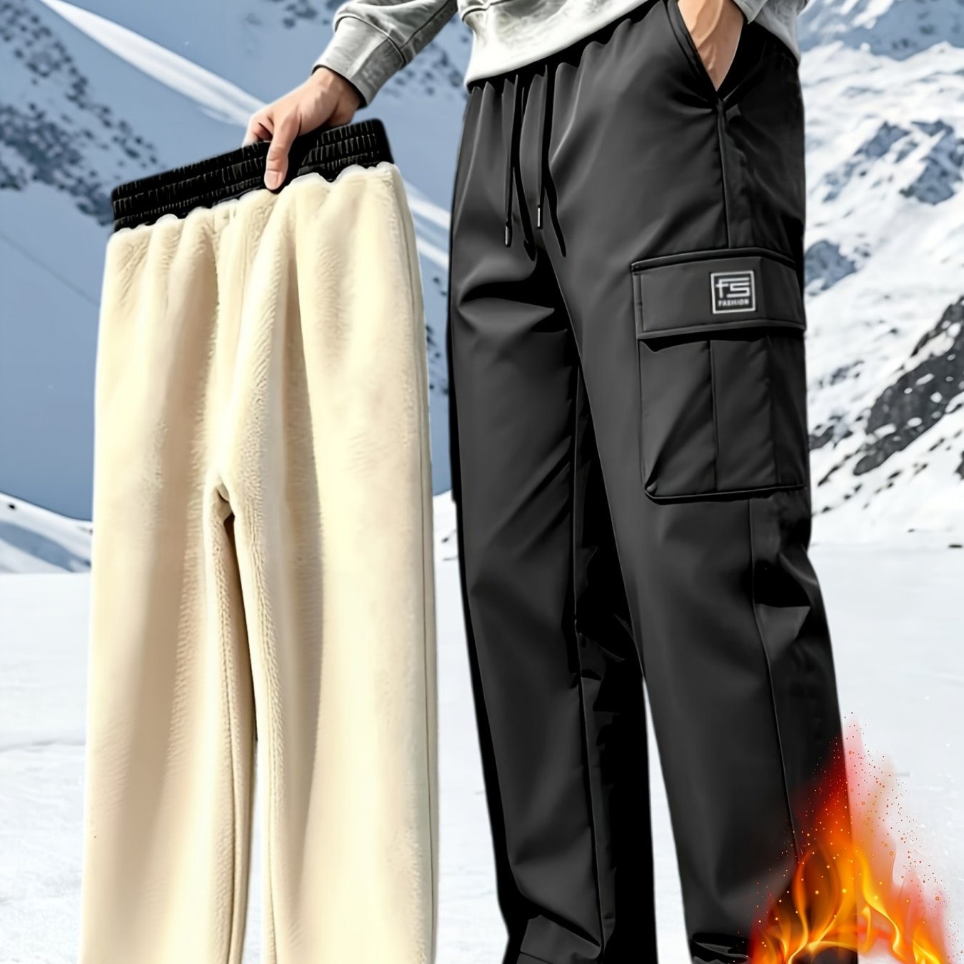 TEMU 1pc Men's Winter Windproof Lamb's Cargo Pants, Loose Fit With Drawstring Waist, Practical Straight-leg Trousers, High-quality Men's Holiday Gift