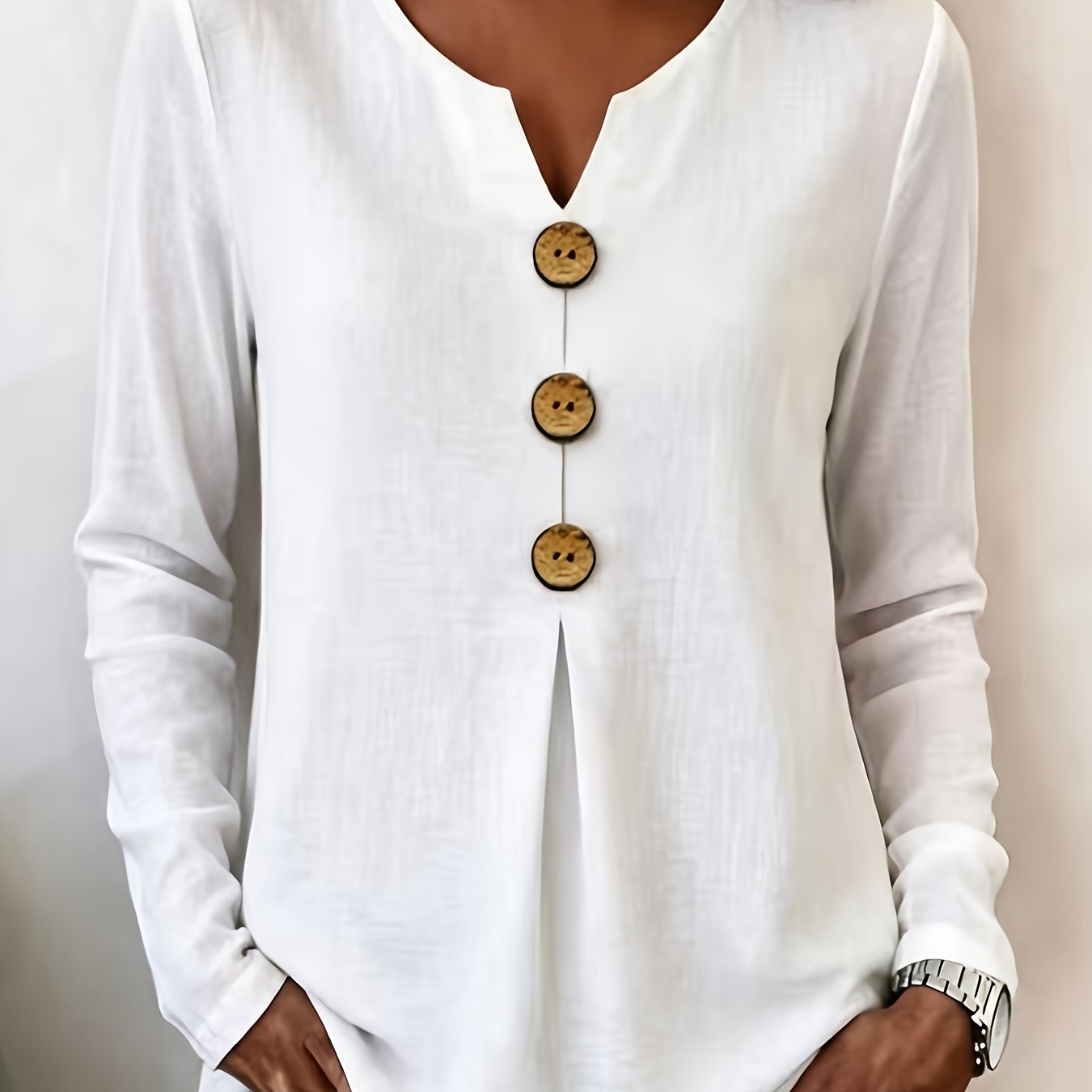 TEMU European And Long-sleeved T-shirt Women's V-neck Wooden Pleated Hem Loose Meat Covering All-match Solid Color Shirt For Commuting