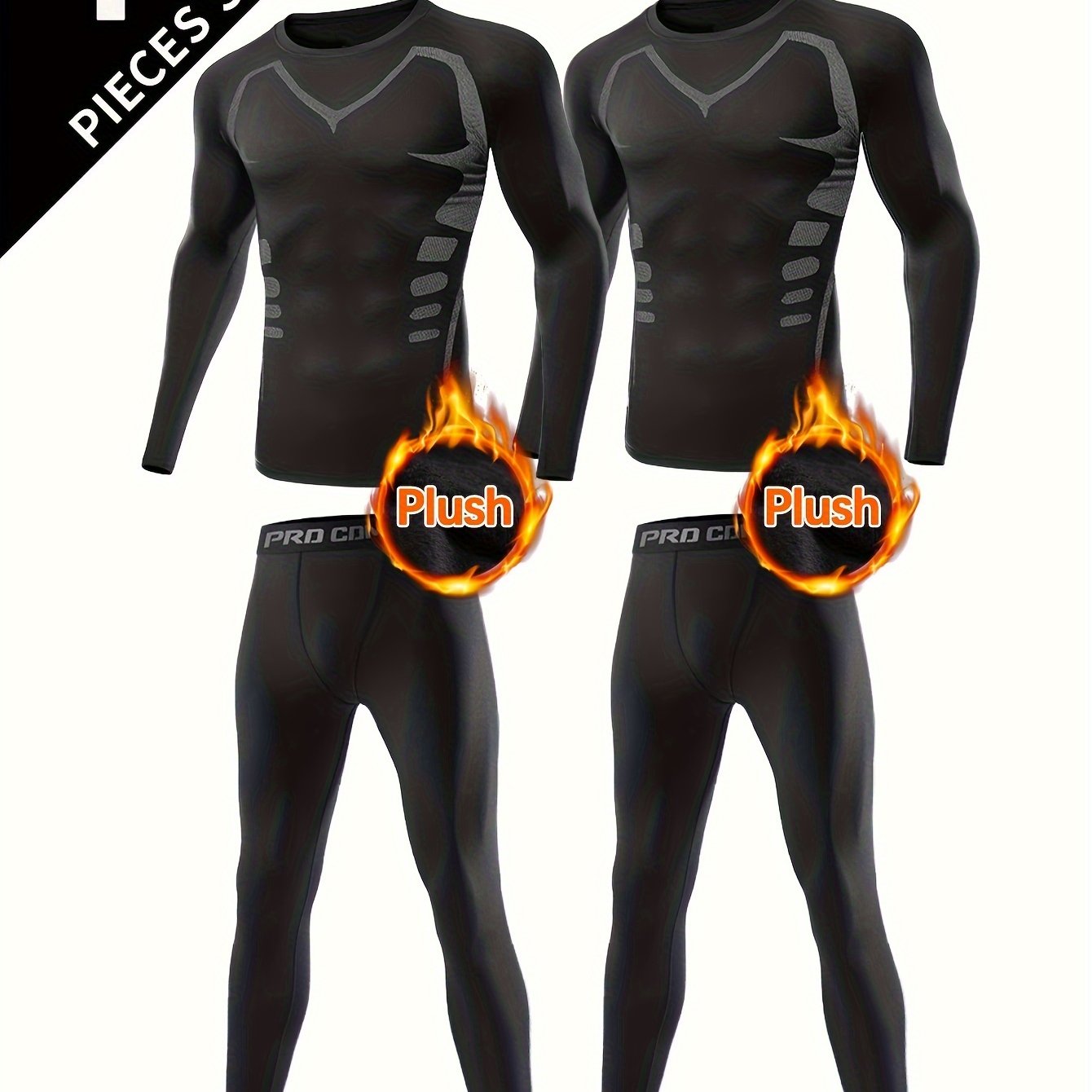 E-shop 4-teiliges Herren Druck Warmes Unterwäsche Set, Winter Jagd Outdoor Skifahren Winter Warme Enste Hose, Langarm Rundhals Top und Hose Set,