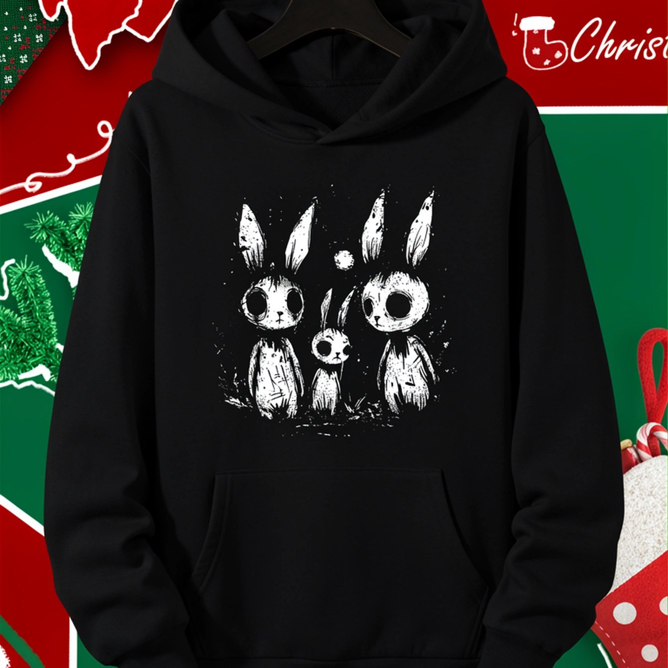 Image of Bunny Rabbits Horror Goth Grunge Alt Aesthetic T-shirt Pullover Sweatshirt Machine Washable Wear Soft Fabric Hooded Sweatshirt Halloween Gift, Fleece