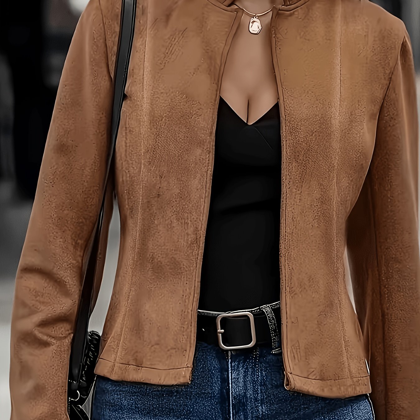TEMU Elegant Short Stand Collar Cardigan Jacket - Solid Color Open Front Blazer With Stand Collar, Short Length Outerwear Suitable For Spring/autumn,