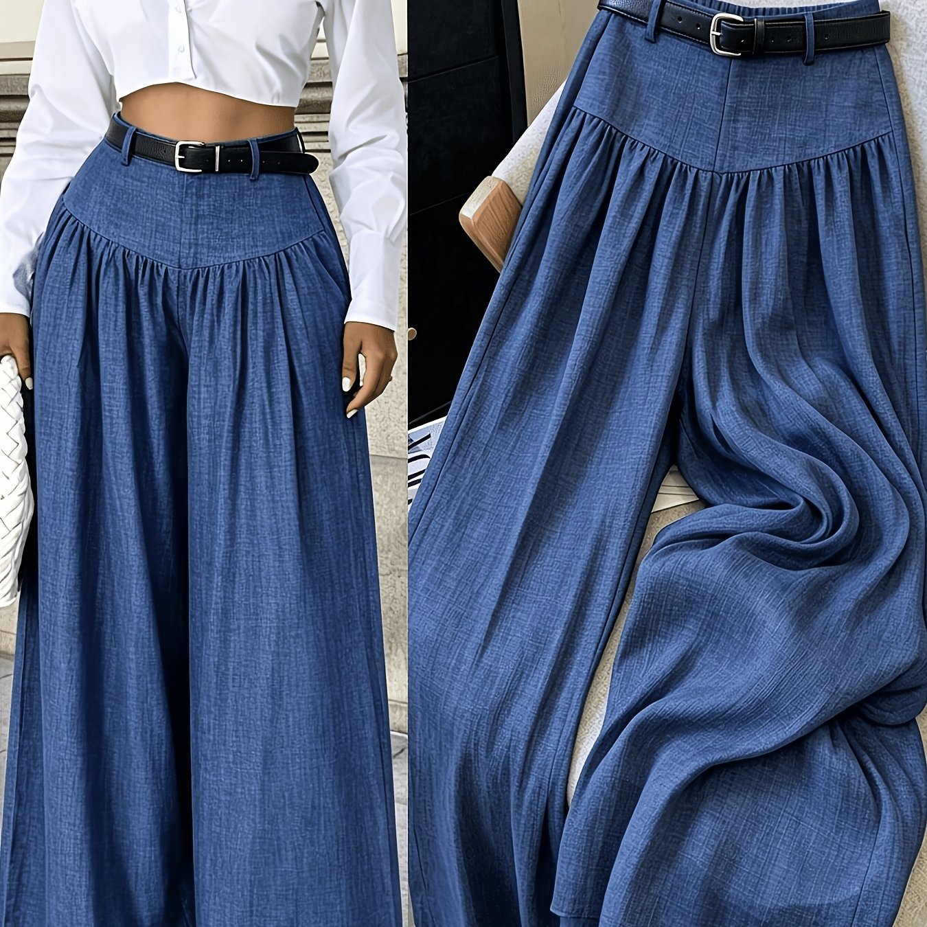 TEMU Elegant Draped Wide-leg Pants, Textured Fabric, Suitable For Work And Casual Wear (without Belt)