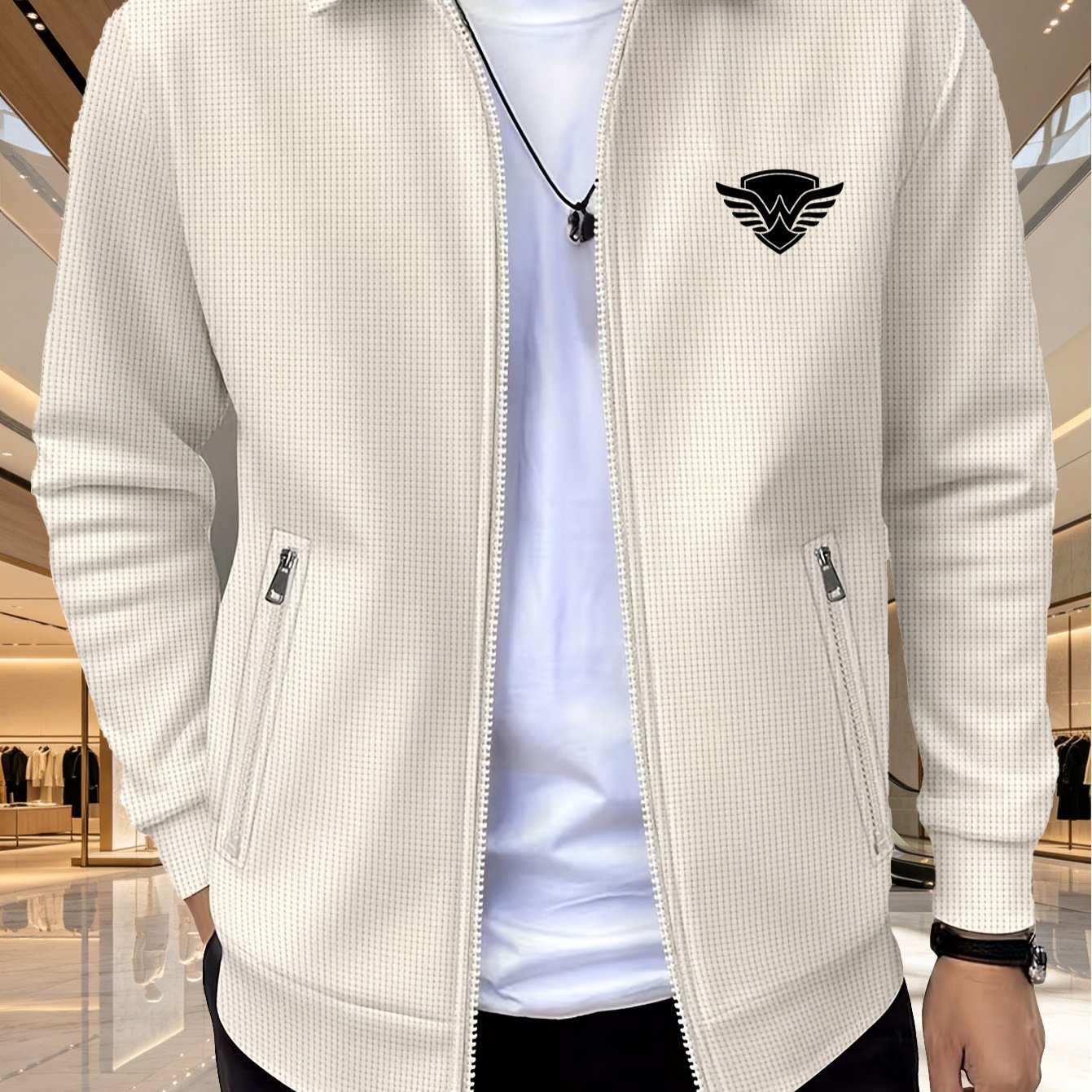 TEMU Fashionable Men's Waffle Knit Lapel Jacket, And Autumn High-end Casual Zip-up Coat, Versatile Casual Cardigan Top