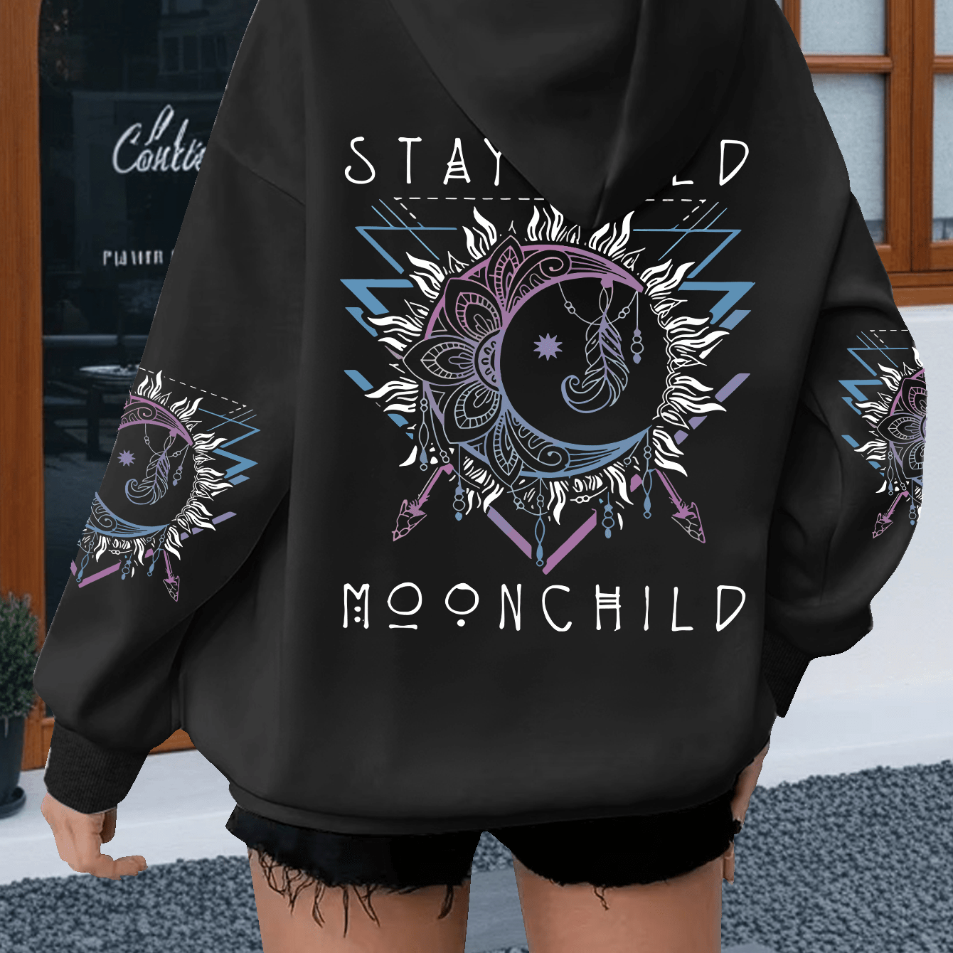 TEMU Plus Size Women's Sun Stars Gradient Mandala Crescent Arrow Bohemian Loose Hooded Sweatshirt