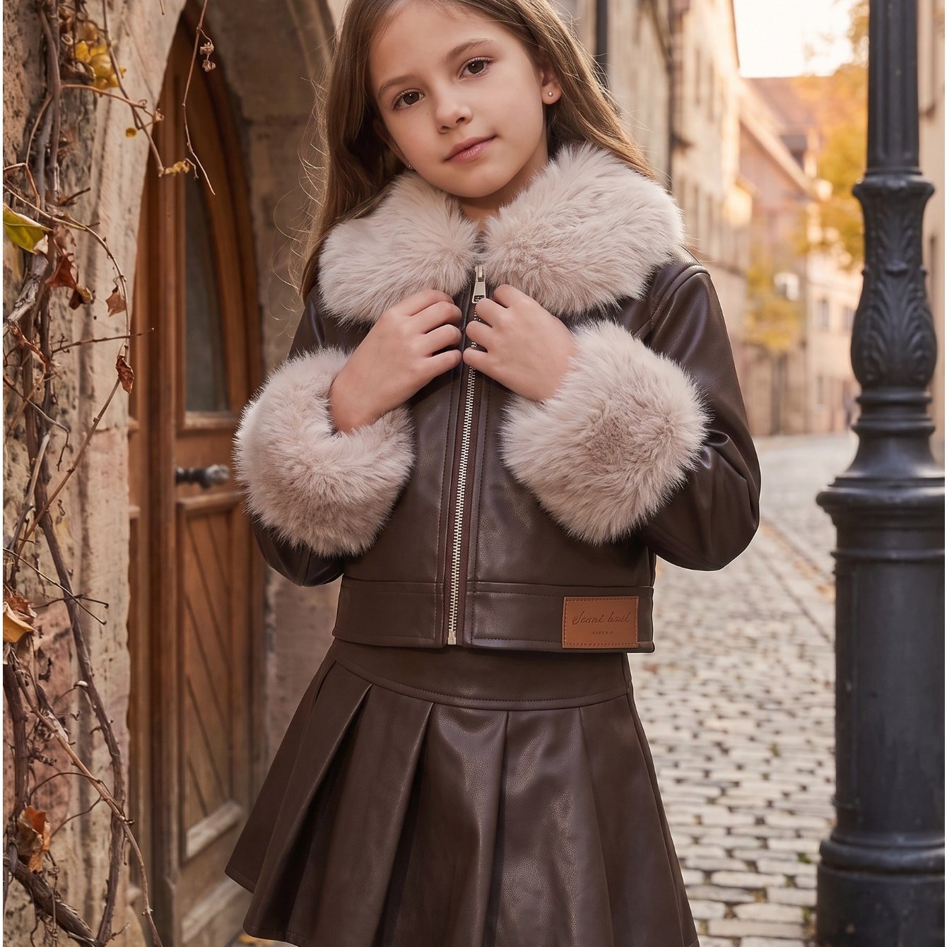 TEMU Conjunto de 2 piezas para niña, chaqueta corta de moto con cuello y puños + falda plisada, ropa infantil de otoño e invierno con cremallera, y ,