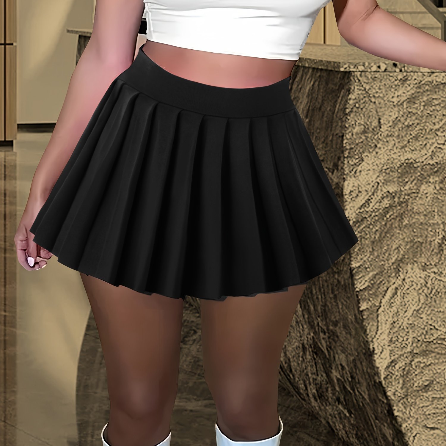 TEMU Solid Color Versatile High-waist Pleated Mini Skirt - Flattering And Stylish For Women
