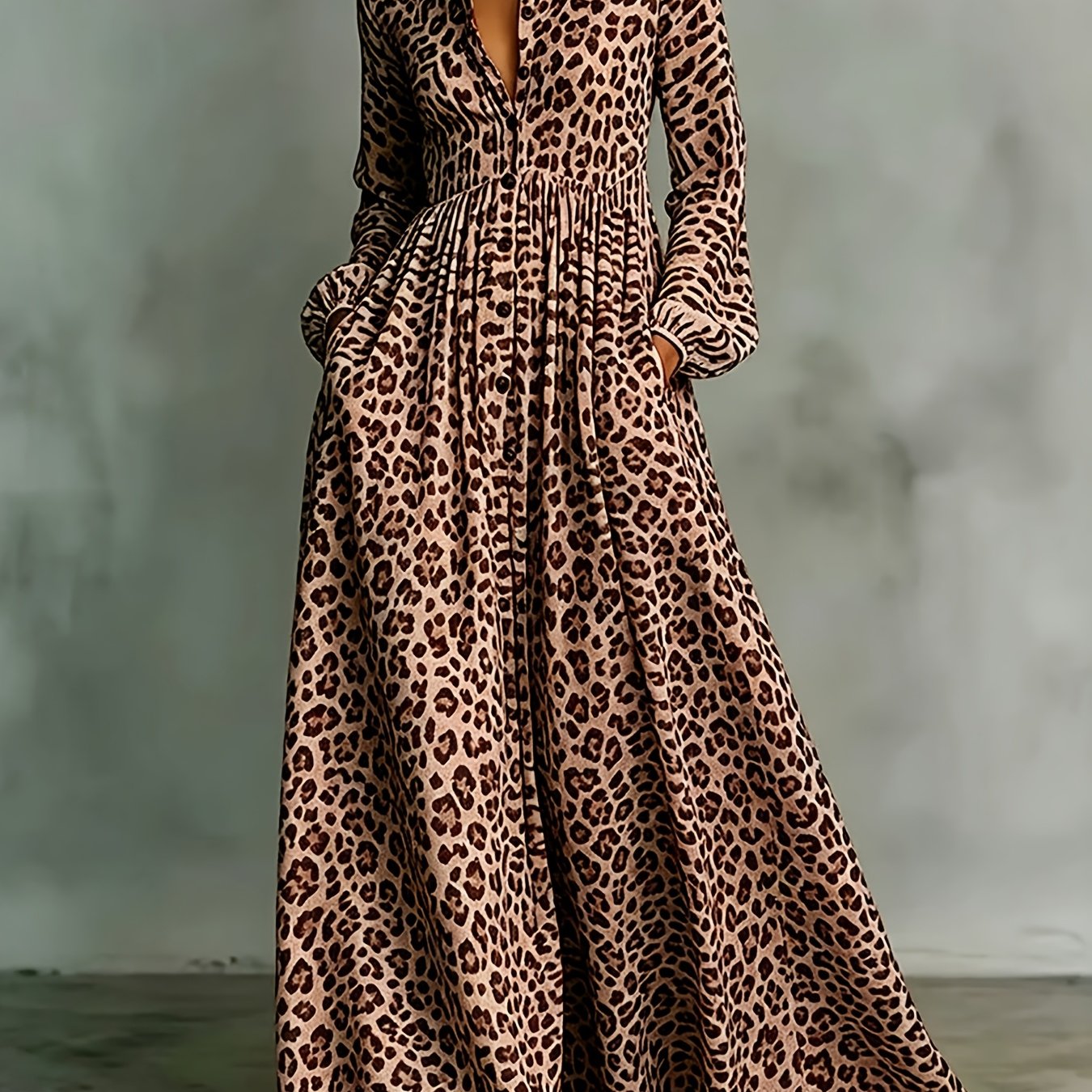 TEMU Vestido largo de mujer con cuello solapa, bolsillo plisado, botones y larga en corte A, estilo leopardo