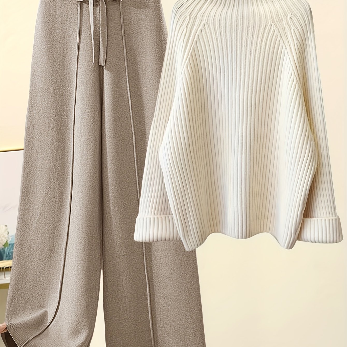 Women' Color Sweater Set With Ribbed Long Sleeve Half-turtleneck Top + Flared Pants 2pcs Outfit
