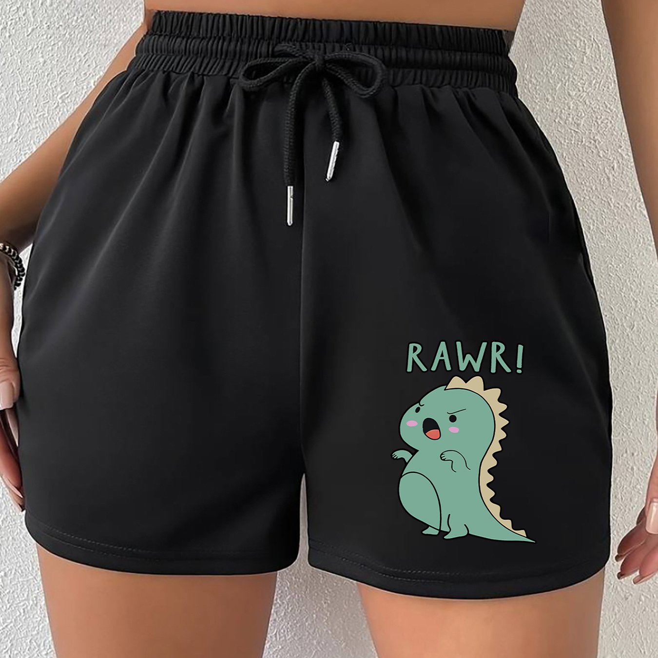 TEMU Shorts Décontractés pour Femmes avec Imprimé Dinosaure & ! - Coupe Relaxée à Taille Élastique avec Cordon de Serrage, Lavables en Machine, Tenue