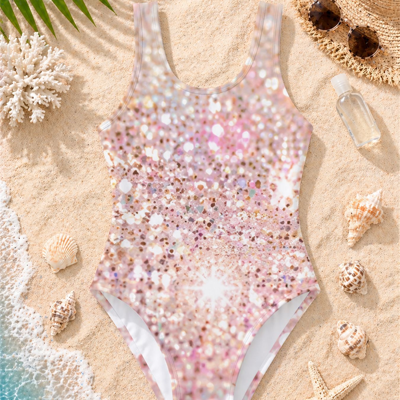 Sparkly Glitter, Girls Swimsuit, Pink Sequin Print, Beach Swimming Pool