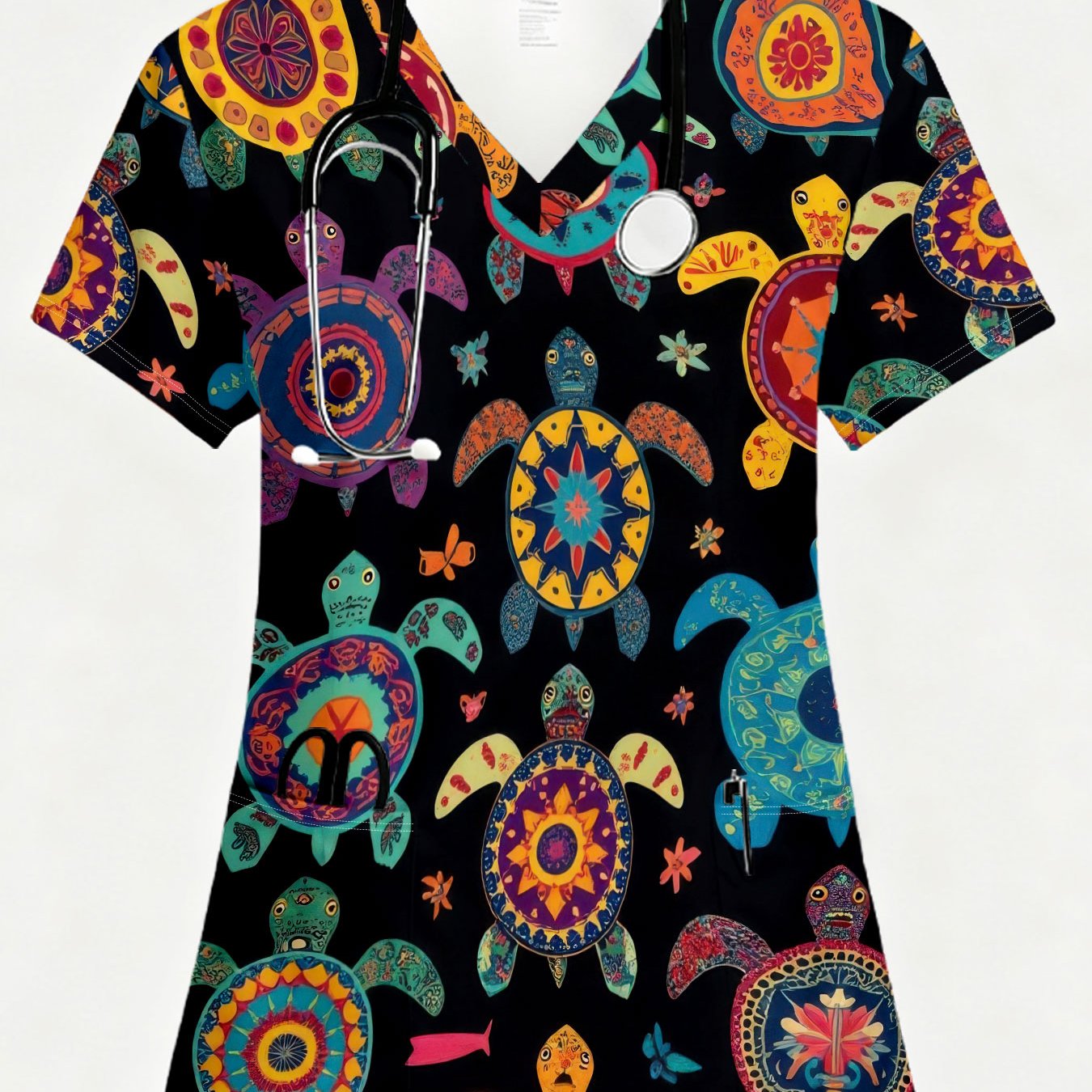 TEMU Elegant Women's Short-sleeve Uniform, Fashionable V-neck Top, Ladies' Scrub Top, Ethnic-style Multicolor Turtle . High-quality Clear Printed