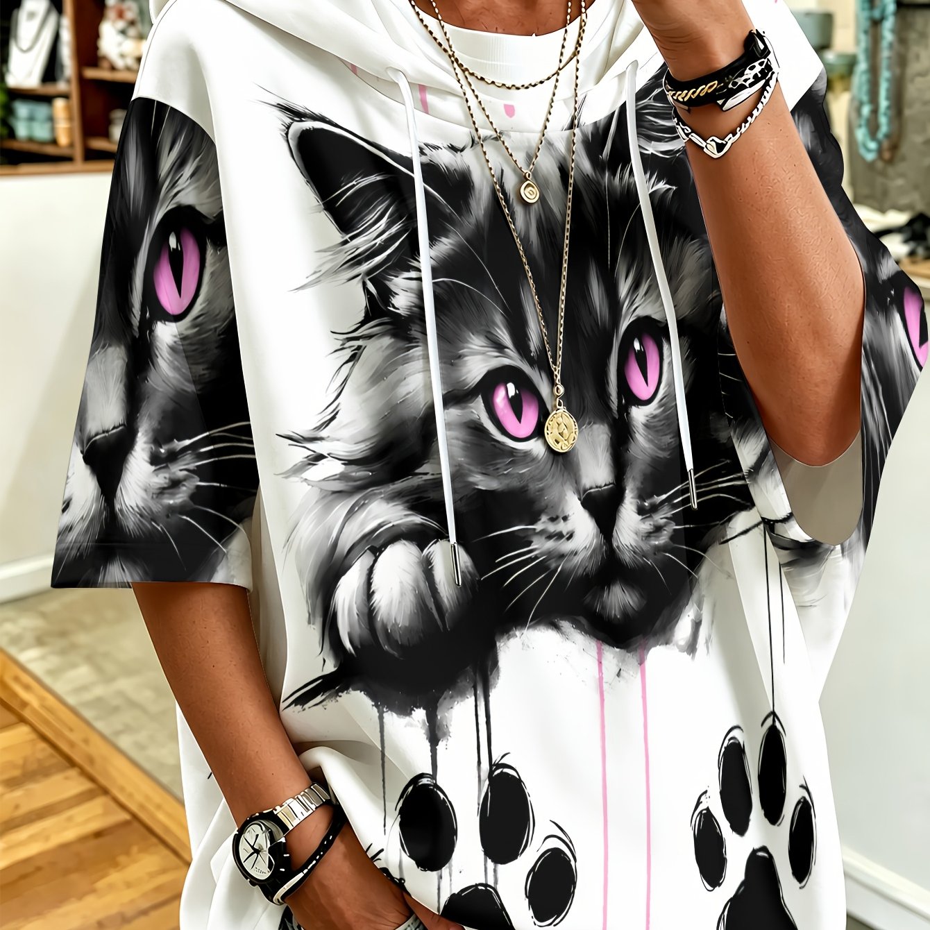 TEMU Plus Size, Plus Size Women's Hooded Top With Cat Art Graffiti Print, Trendy And Fun, Loose Fit, Versatile Outerwear For Loungewear, Curvy Women