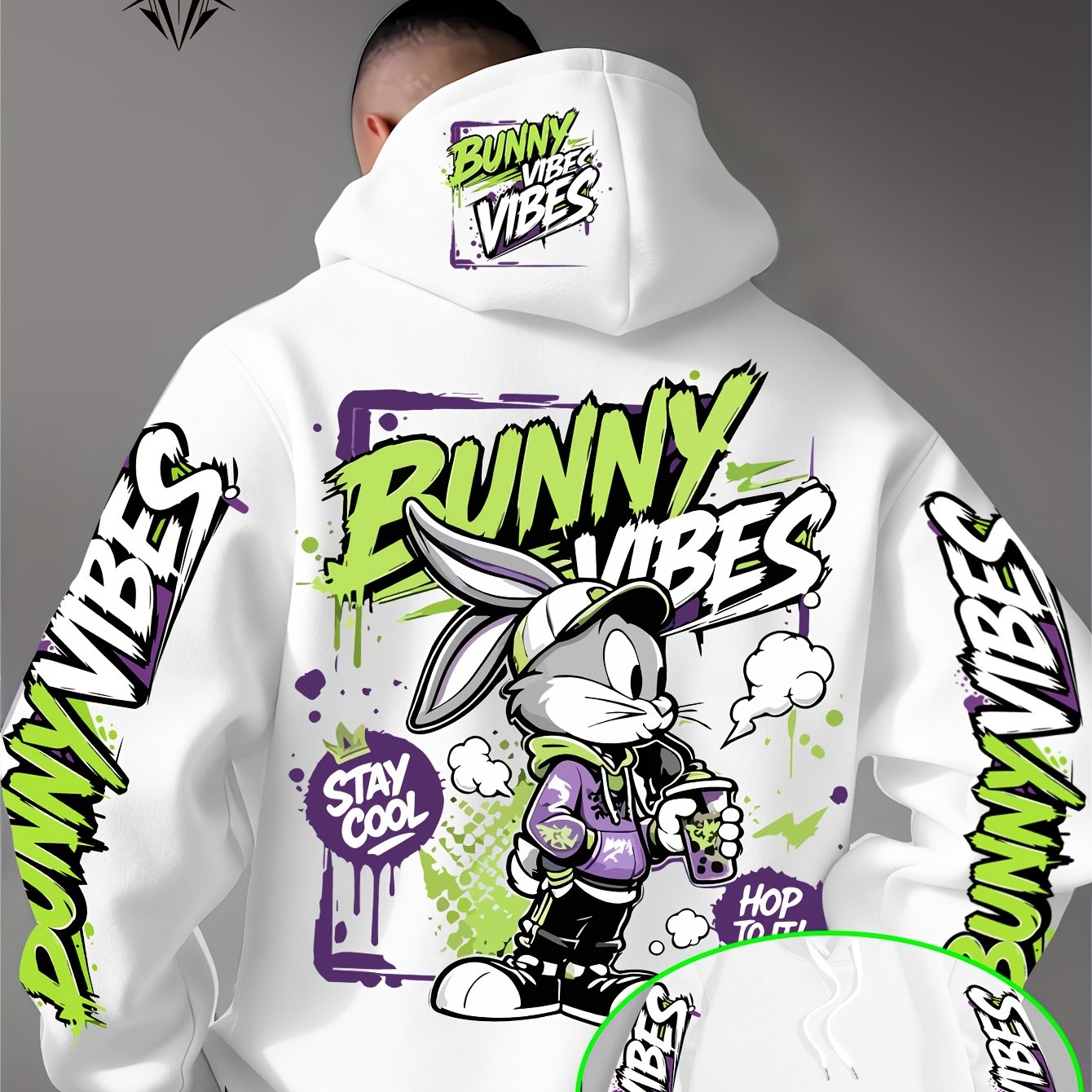 TEMU Official Men's Purple And Green Color Graffiti Splash Ink Tea Printing Drawstring Hoodie, Loose Street Style, Suitable For Casual Daily Wear,