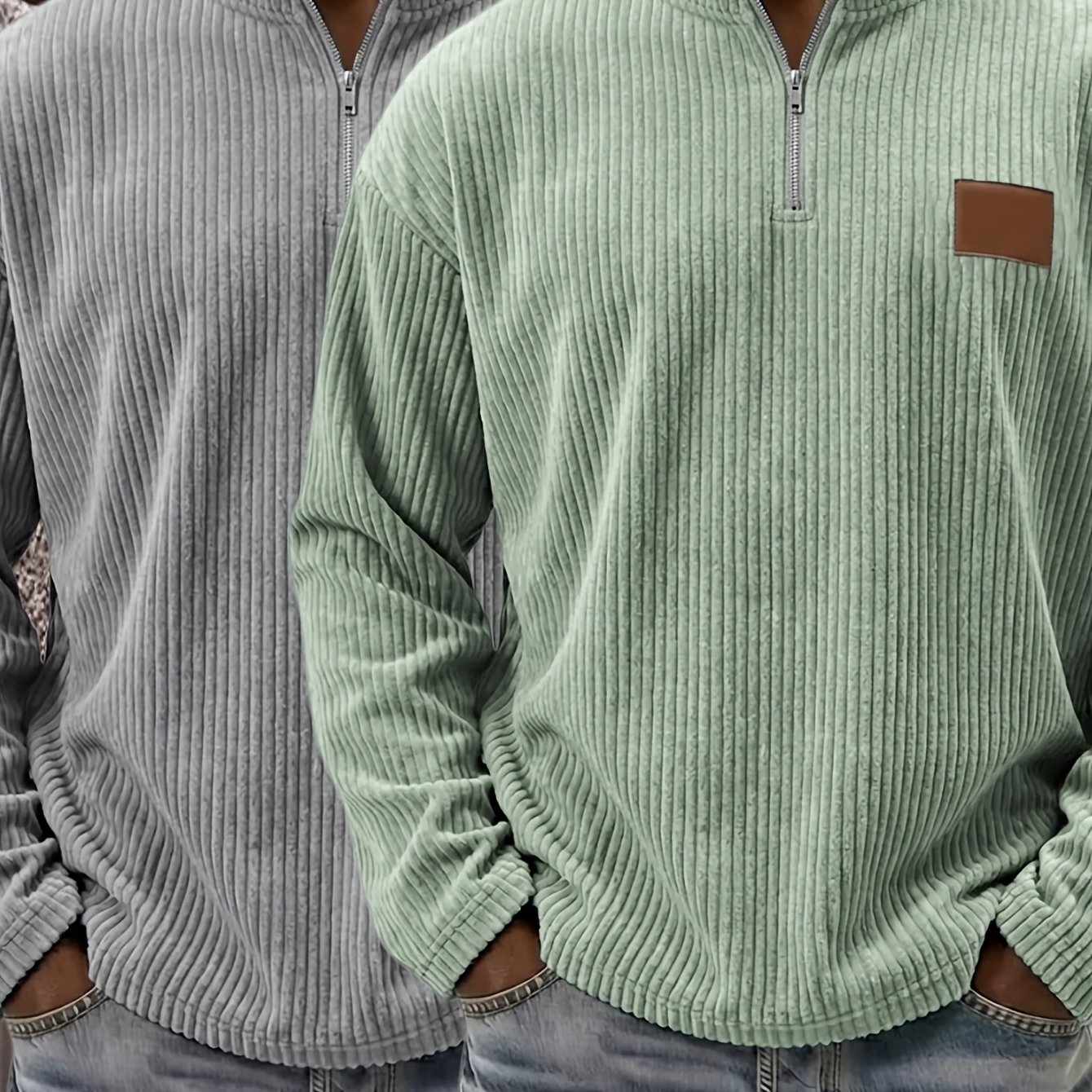 Image of 2pcs Men's Corduroy Quarter Zip Sweatshirts Pullover Long Sleeve Hoodie Zip Up Sweatshirt Spring Autumn Winter Half Zipper Trendy Athletic Work Shirt Textured Knit Casual Outfit