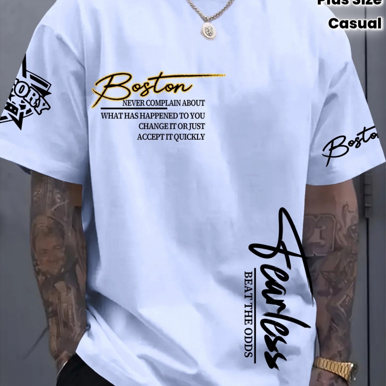 TEMU Men's Plus Size T-shirt, Printed -no Texture 's Short Sleeve T-shirt, With American Motivational Style "boston" Cursive Inspirational Print