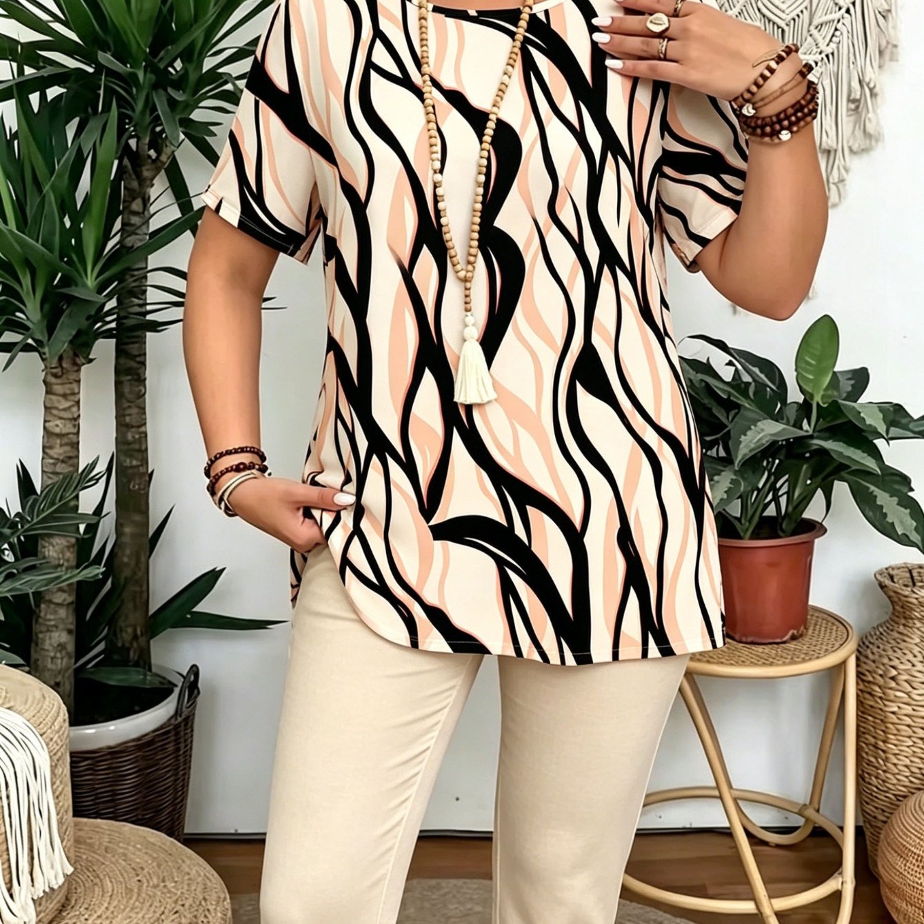 TEMU Plus Size - Plus Size - This Plate-size Two-piece Set Features Vertical Curved Striped Prints. The Top And Bottom . -inch Pants Have An Elegant