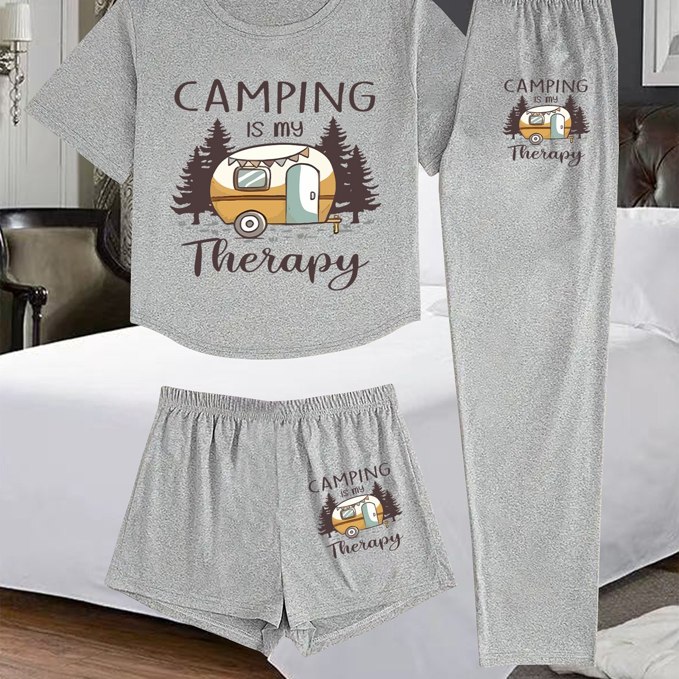 TEMU (1002# 3pcs Set) Women's Home Loungewear 3pcs Set, Camping-themed Home Outfit, Comfortable Casual Set, For [camping]
