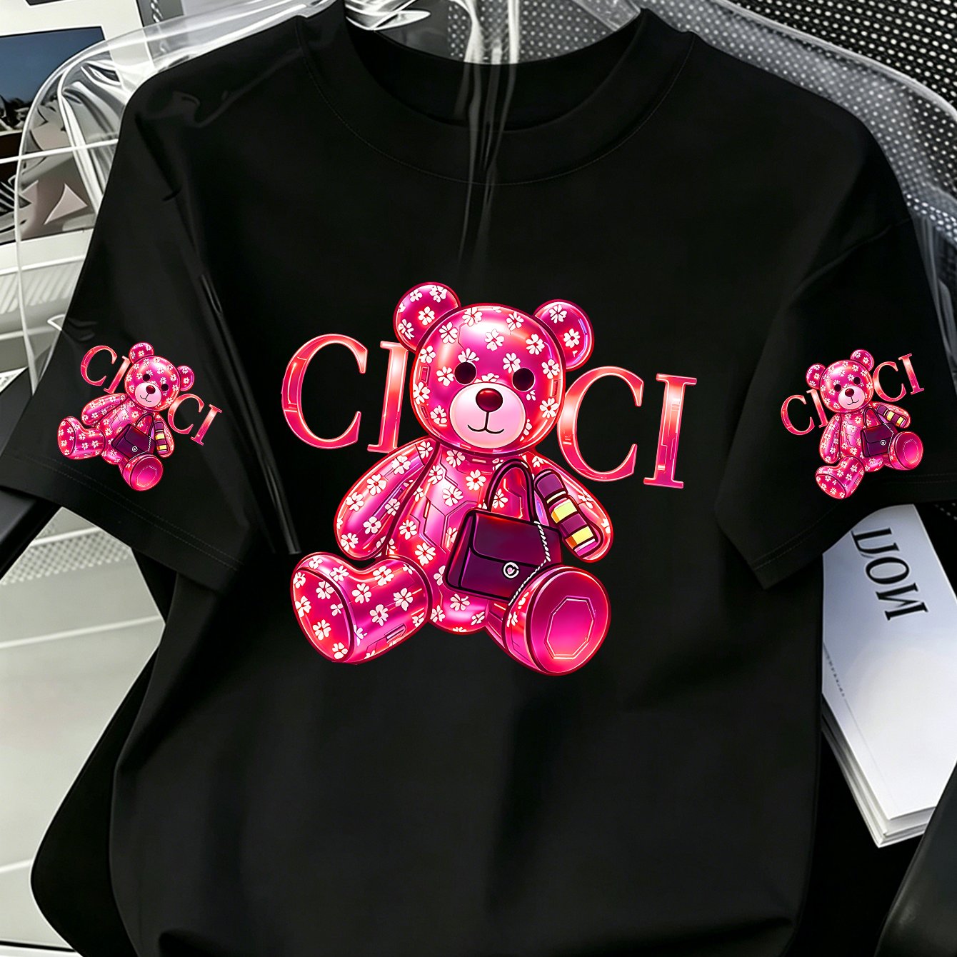 TEMU Ci Ci Slogan Print Top, Magenta Neon Gradient 3d Letters With Matching Floral And Mechanical Bear Print, A Retro Light Luxury Atmosphere For
