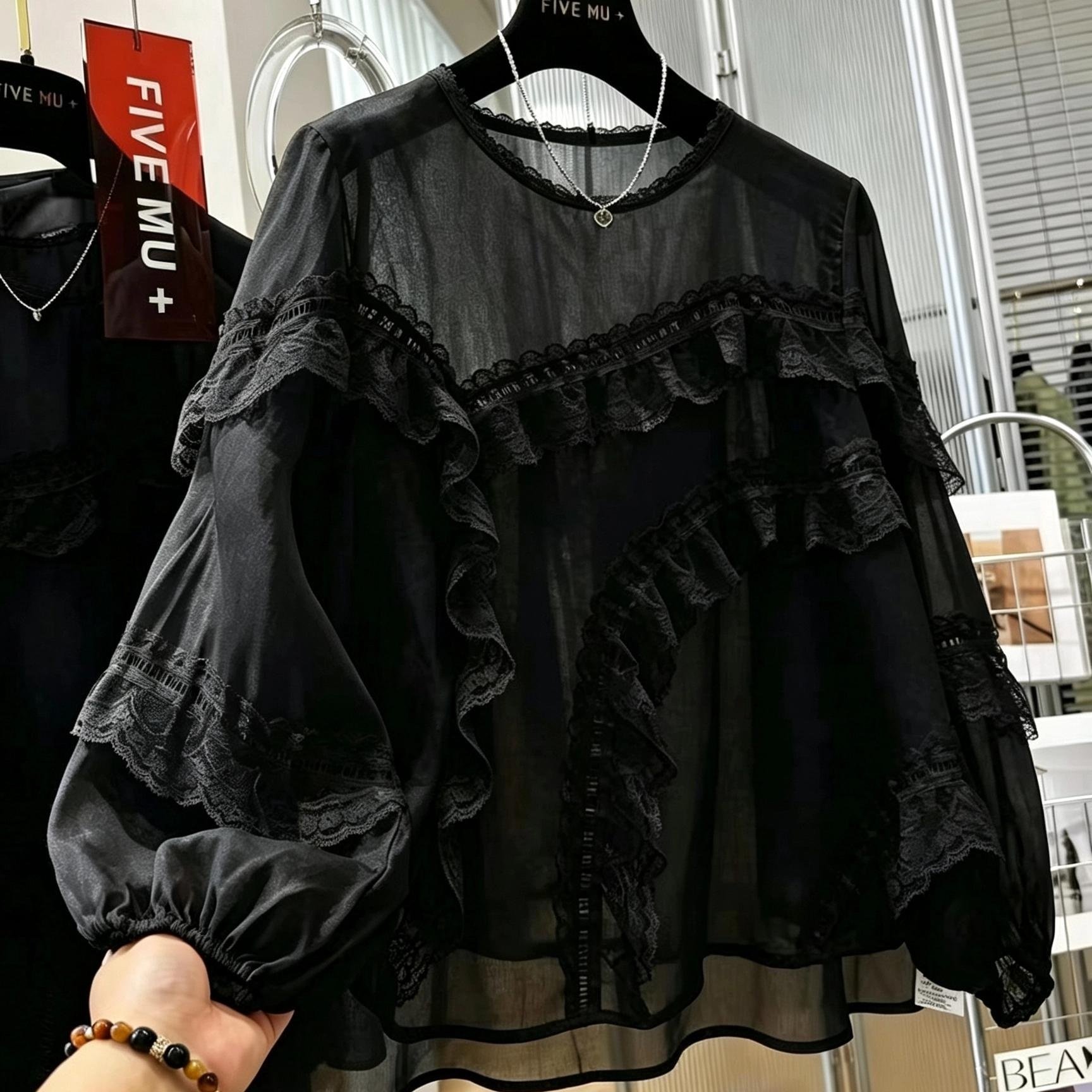 TEMU Haut style forêt avec appliqué en dentelle, bordure en dentelle, col rond, , texturé, à manches longues, couvre-costume pour les quotidiens