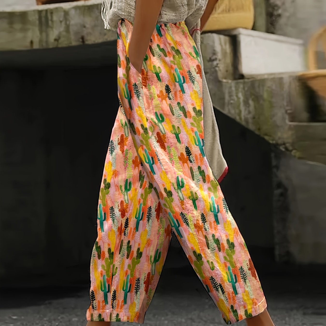TEMU Women's Casual Printed Long Pants, Perfect For Spring And Summer Vacations, Featuring Pockets, An Elastic Waistband, And Comfortable Breathable