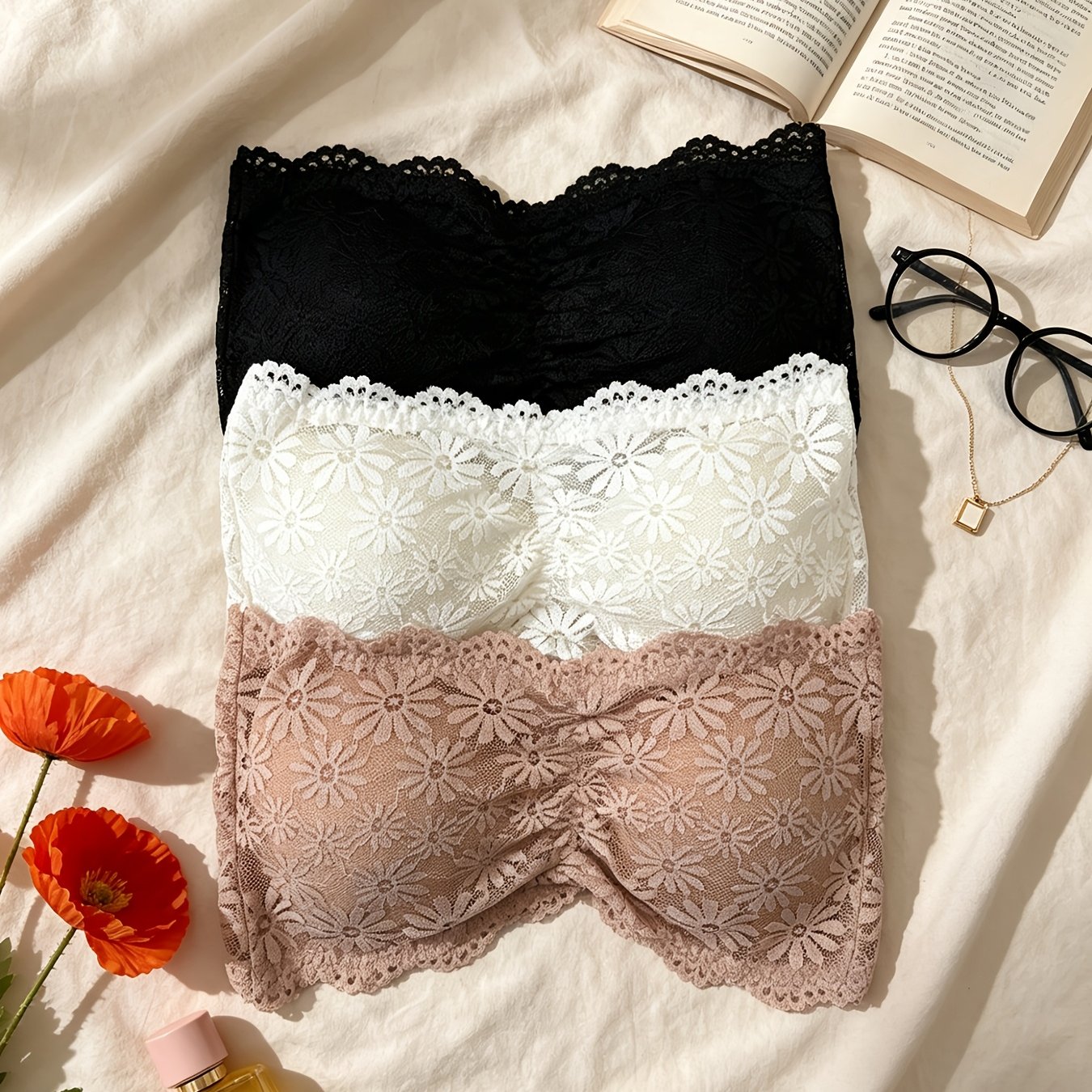TEMU 3pcs Women's Floral Lace Strapless Bandeau Bra, Wireless Non-slip Tube Top, Anti-exposure Seamless No-strap Bralette For Wedding Wear