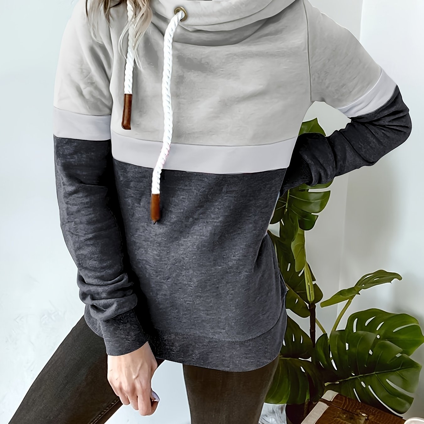 Image of New Autumn Winter Color-block Hooded Casual Sweatshirt Fashion Loose Lazy Style Jacket Long Sleeve Top