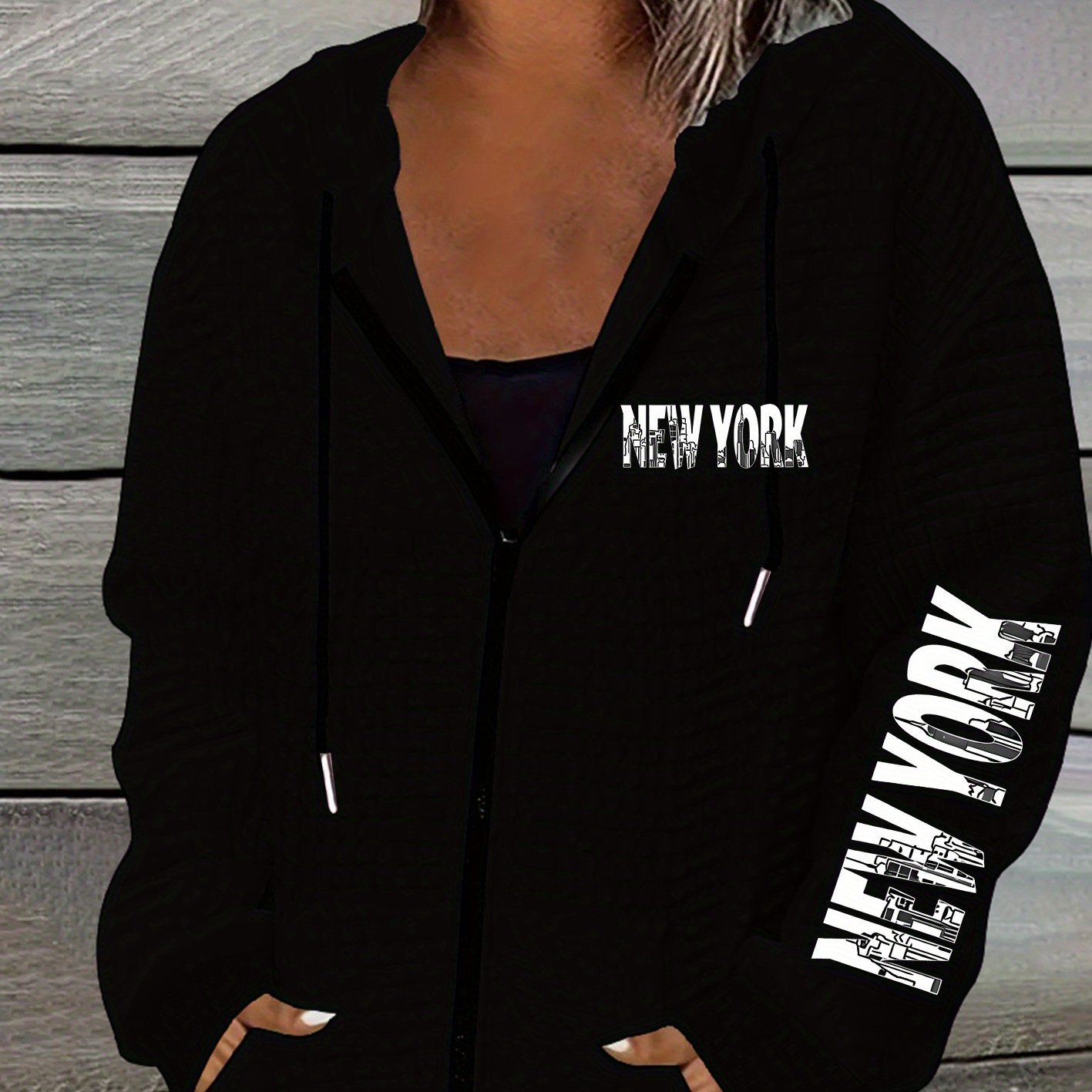 TEMU City Letter Printing, Ladies' Casual Waffle Zipper Hooded Jacket With Drawstring-polyester Fiber, Machine Washable, Geometric Pattern.