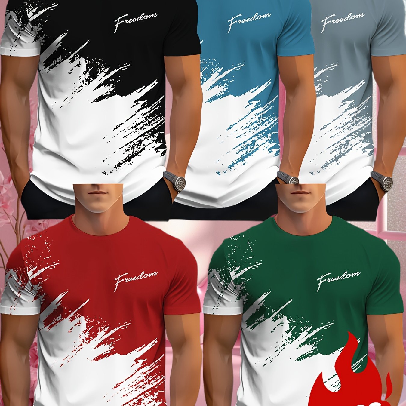 TEMU 5pcs Men's Streetwear Gym T-shirt 5pcs Set - Short-sleeve Round Neck Casual Athletic Tees, Breathable Suitable For Fitness, Outdoor & Casual