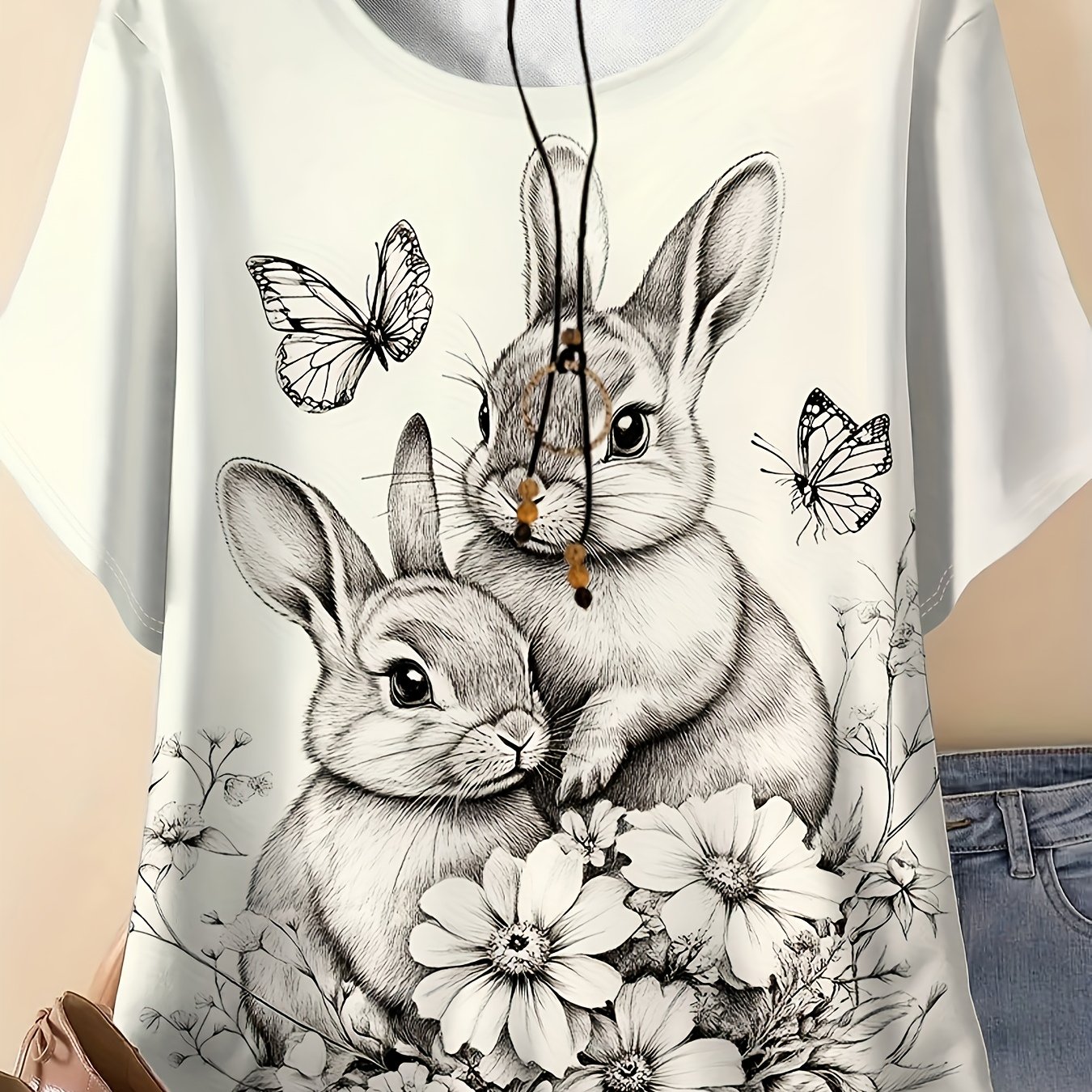 TEMU Plus Size - Plus Size - Plus Size Women's Cute Rabbit Print Short Sleeve T-shirt - Casual Loose Round Neck, Lightweight And Breathable Summer