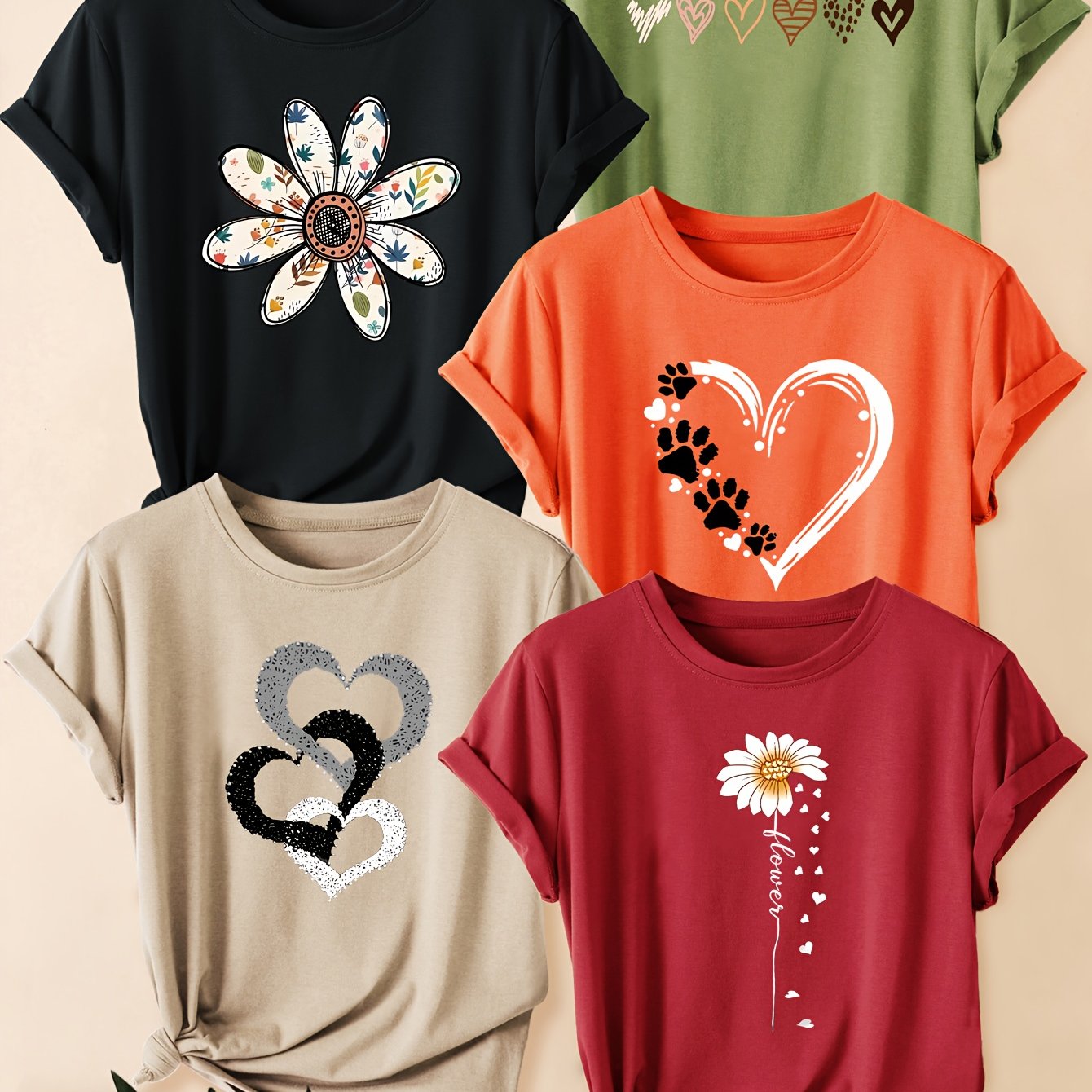 TEMU 5pcs Women's Retro Graphic Print T-shirts - Floral & Heart Designs, Round Neck Casual Tees For Gym, Training & Casual Attire, Machine Washable