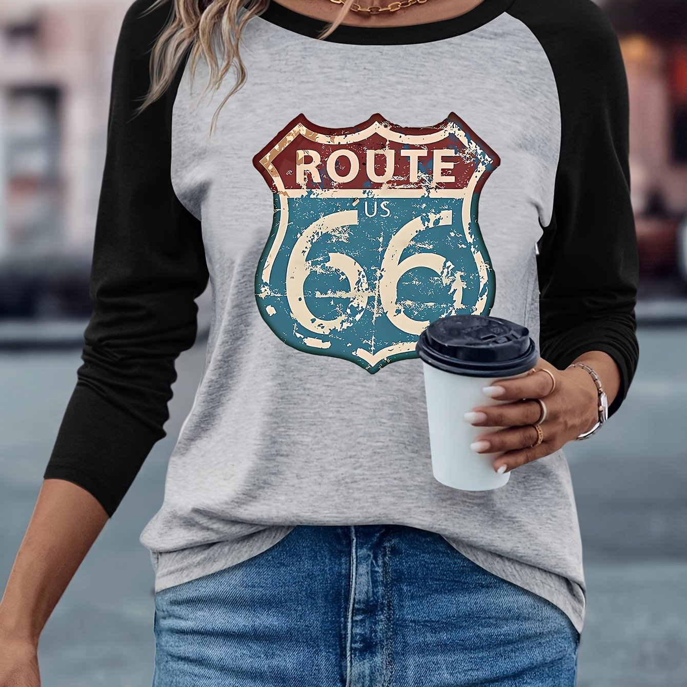 TEMU Women's Route 66 Vintage Road T-shirt - Retro Route 66 Sign & Iconic Highway, Raglan Sleeve Crew Neck Casual Top, Spring/autumn Blouse Style