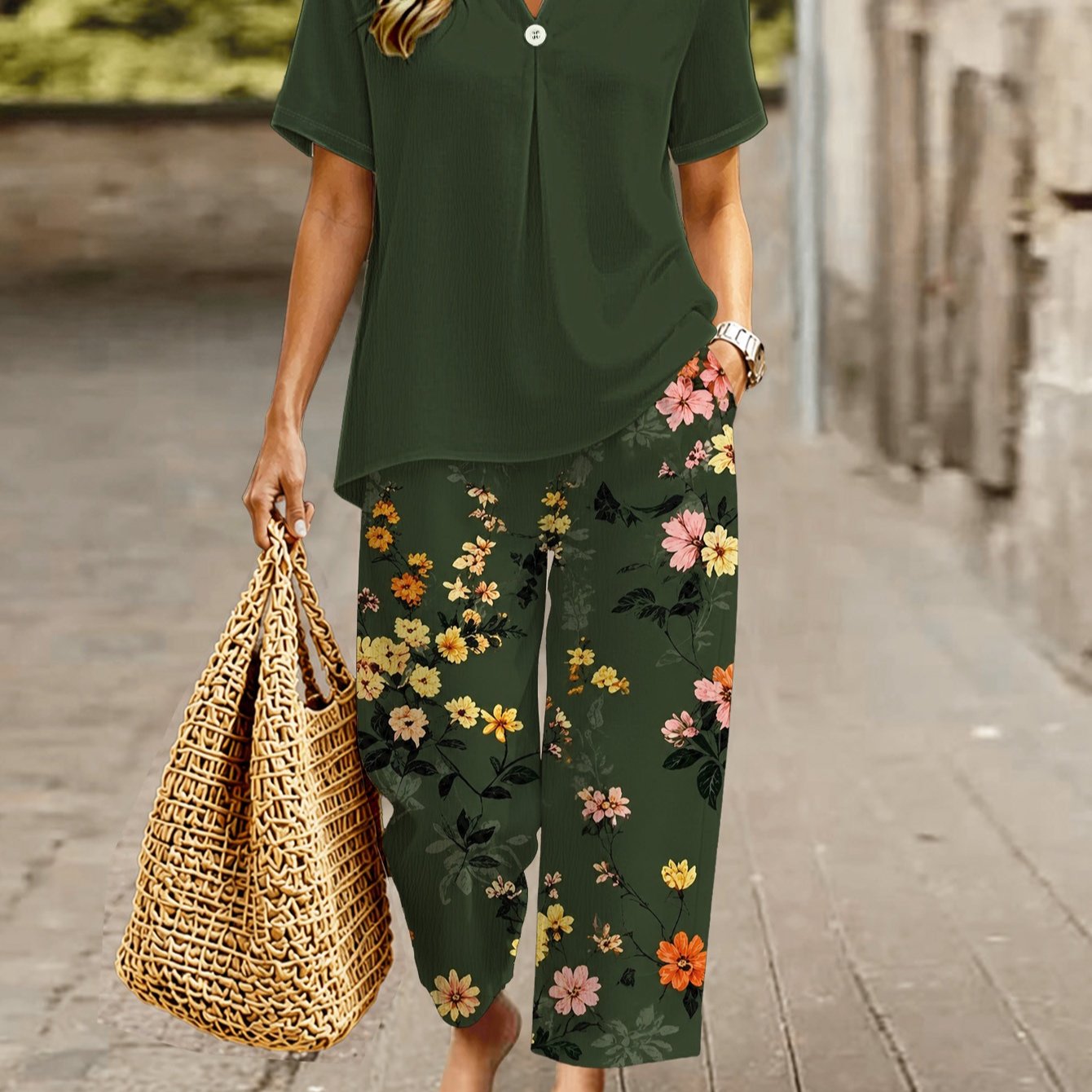 Image of Elegant Plus Size Women's Floral Print Two-piece Set, Fashion Faux Button Short Sleeve Top With Elastic Waist Pocket Long Pants, Casual Vacation Outfit