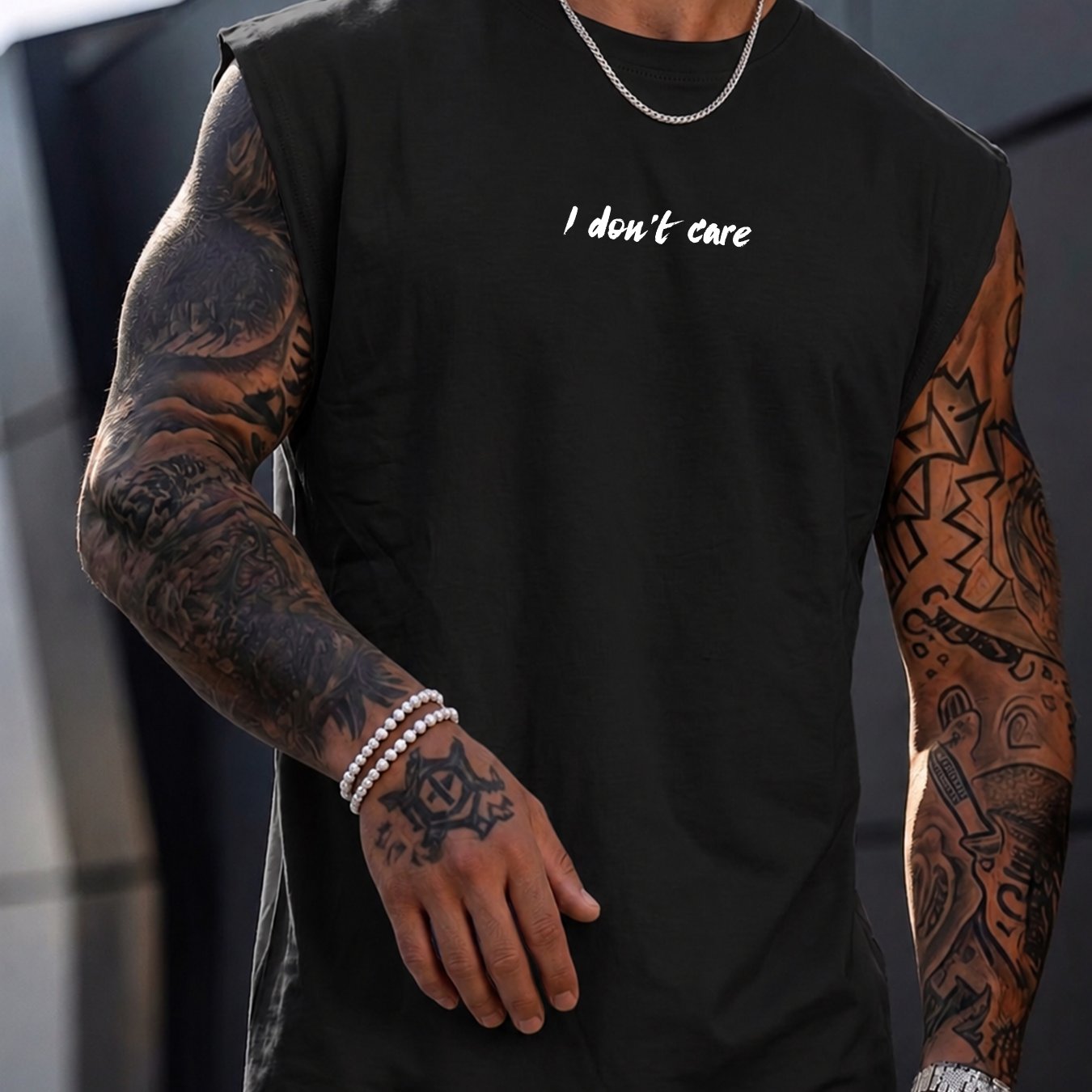 TEMU Western Style Men's Casual Athletic Sleeveless Vest, Individual "'t Care" Print Loose Shoulder Pad, Breathable Fitness Training Top, Style