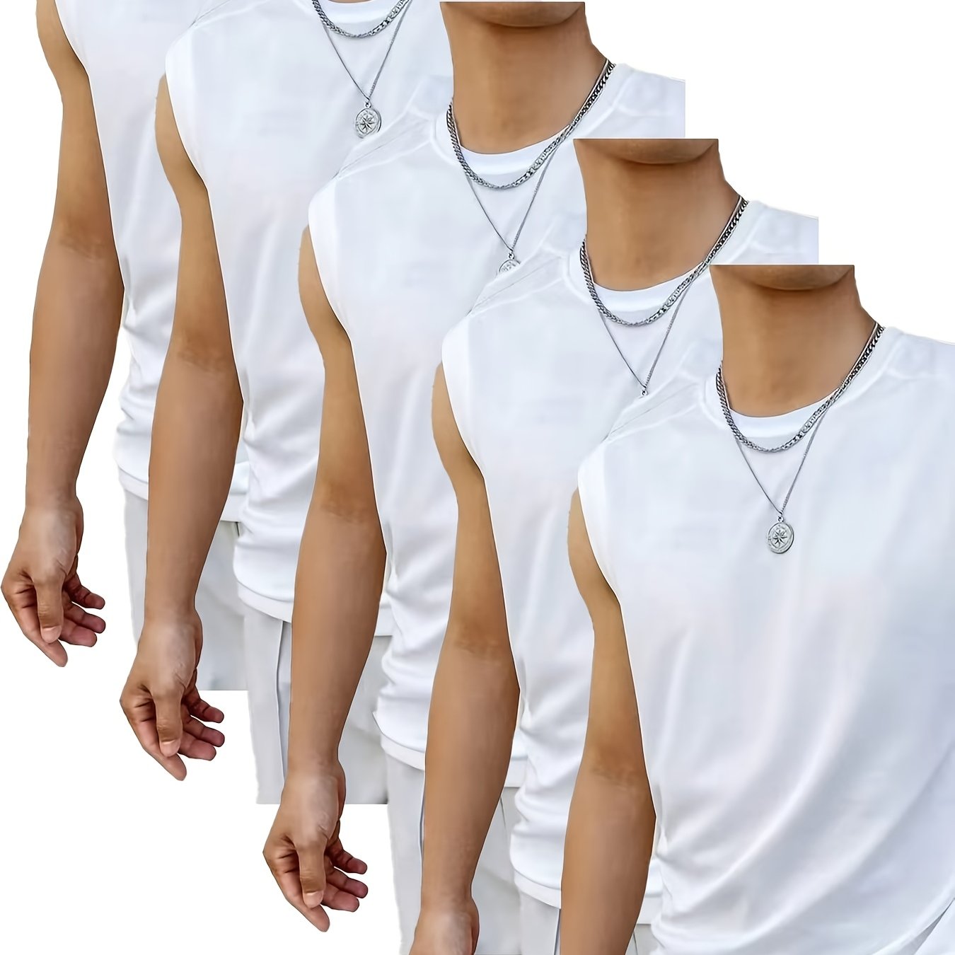 TEMU Men's Fashion Sports Set Of 5 White Wide-shoulder Vests, Plus Size