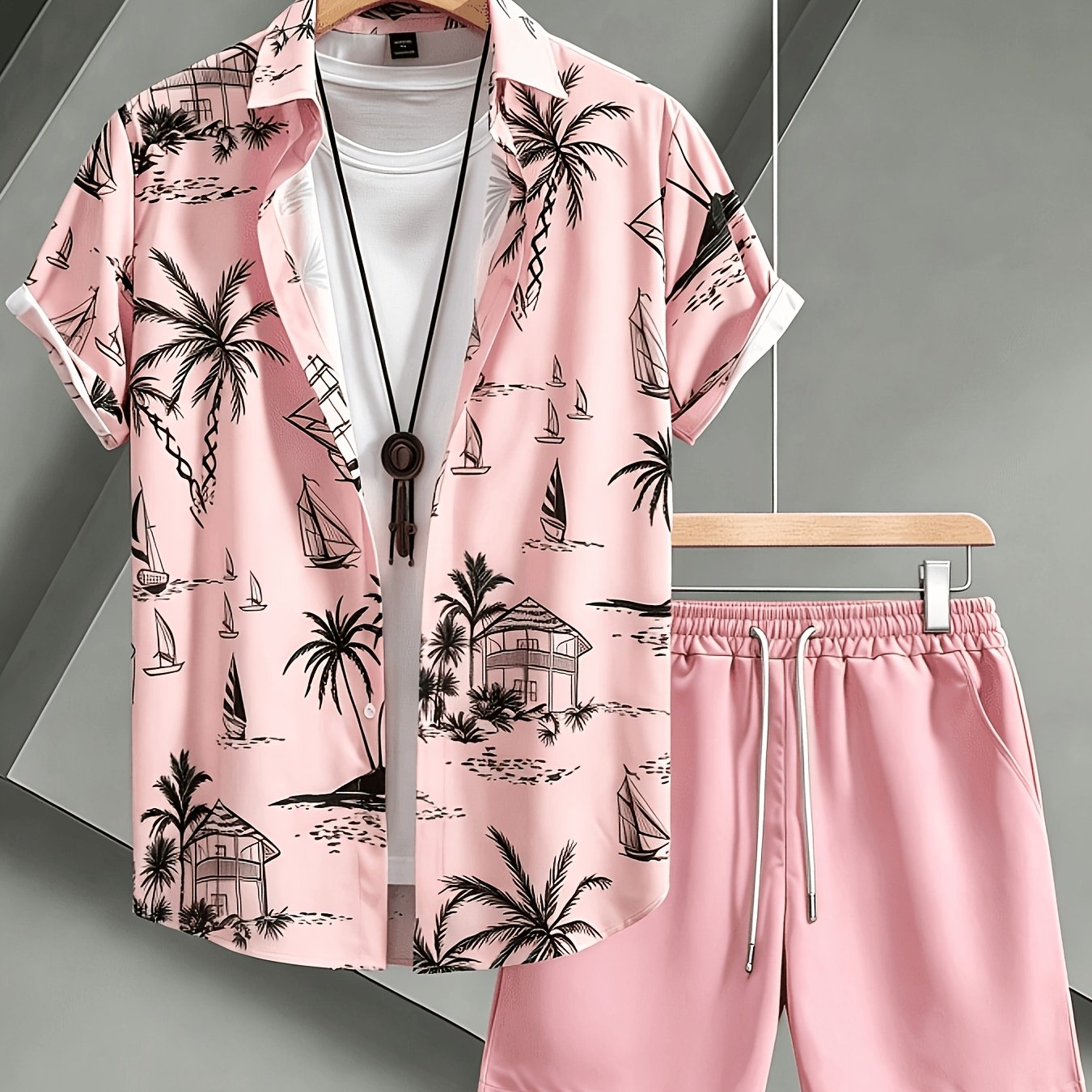 TEMU Conjunto de camisa y pantalón corto de manga corta para hombre, de estilo tropical para vacaciones en , con cordón, elástico y de secado rápido.