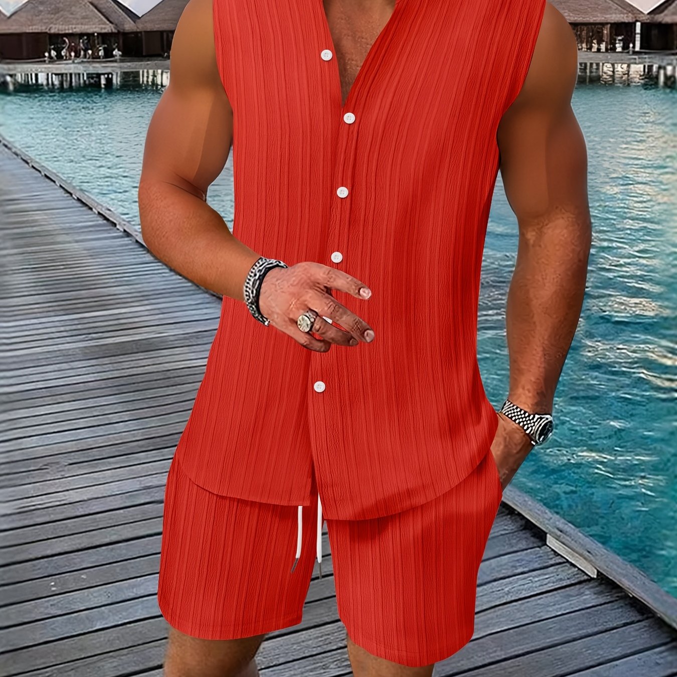 TEMU 2026 Summer 's Striped Jacquard Casual Beach Henley Collar Sleeveless Shirt And Shorts Set