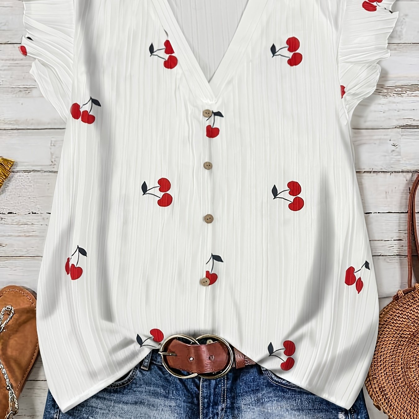 TEMU Plus Size, Plus Size Women's Casual V-neck Ruffle Sleeve Cherry Print Front Coconut Button Detail Top, Casual Daily Dating Shirt