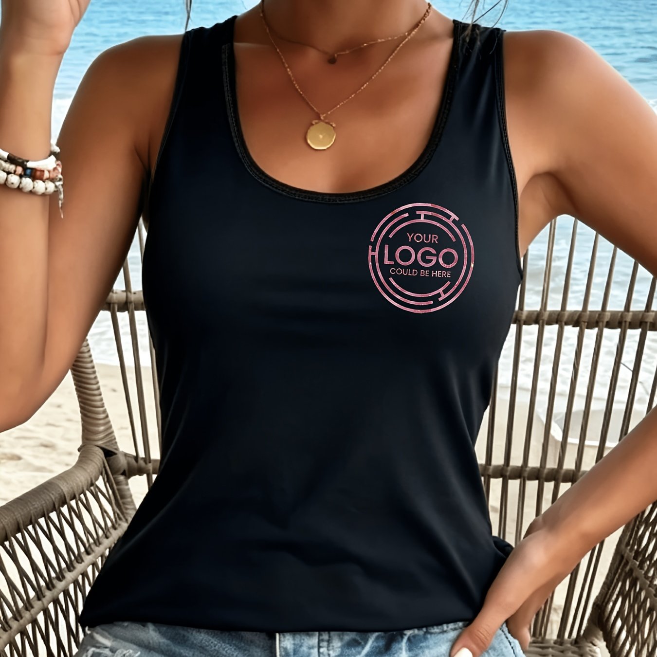 TEMU Custom Printed Sleeveless Tank Top T-shirt, Casual Wear, Versatile Fashion Style, Supports Personalized Image Customization