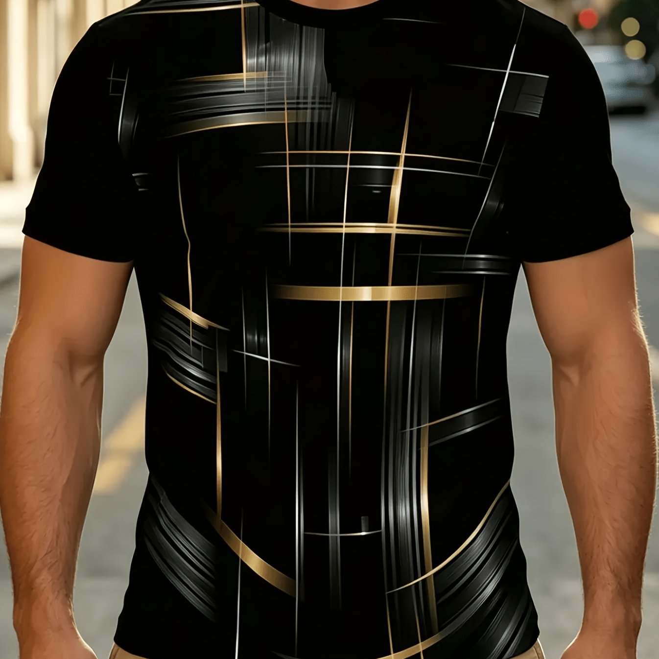 TEMU [printed Design - Not Textured] Men's Black Golden Geometric T-shirt, Abstract Short Sleeve Crew Neck Tee, Casual Summer Top