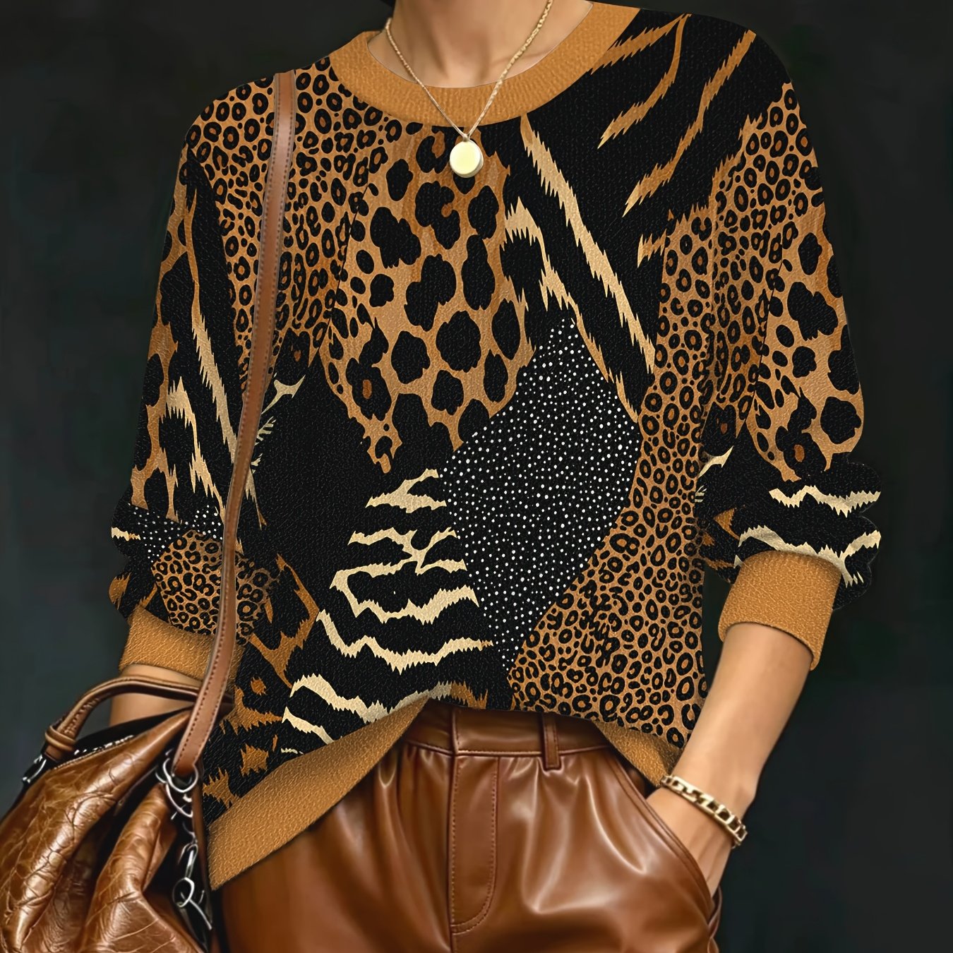 TEMU Women's Fall Winter New Thick Sweatshirt Printed Loose Crew Neck Pullover Fashion Casual Long Sleeve Warm Top Versatile Slim Layer Sweater Soft