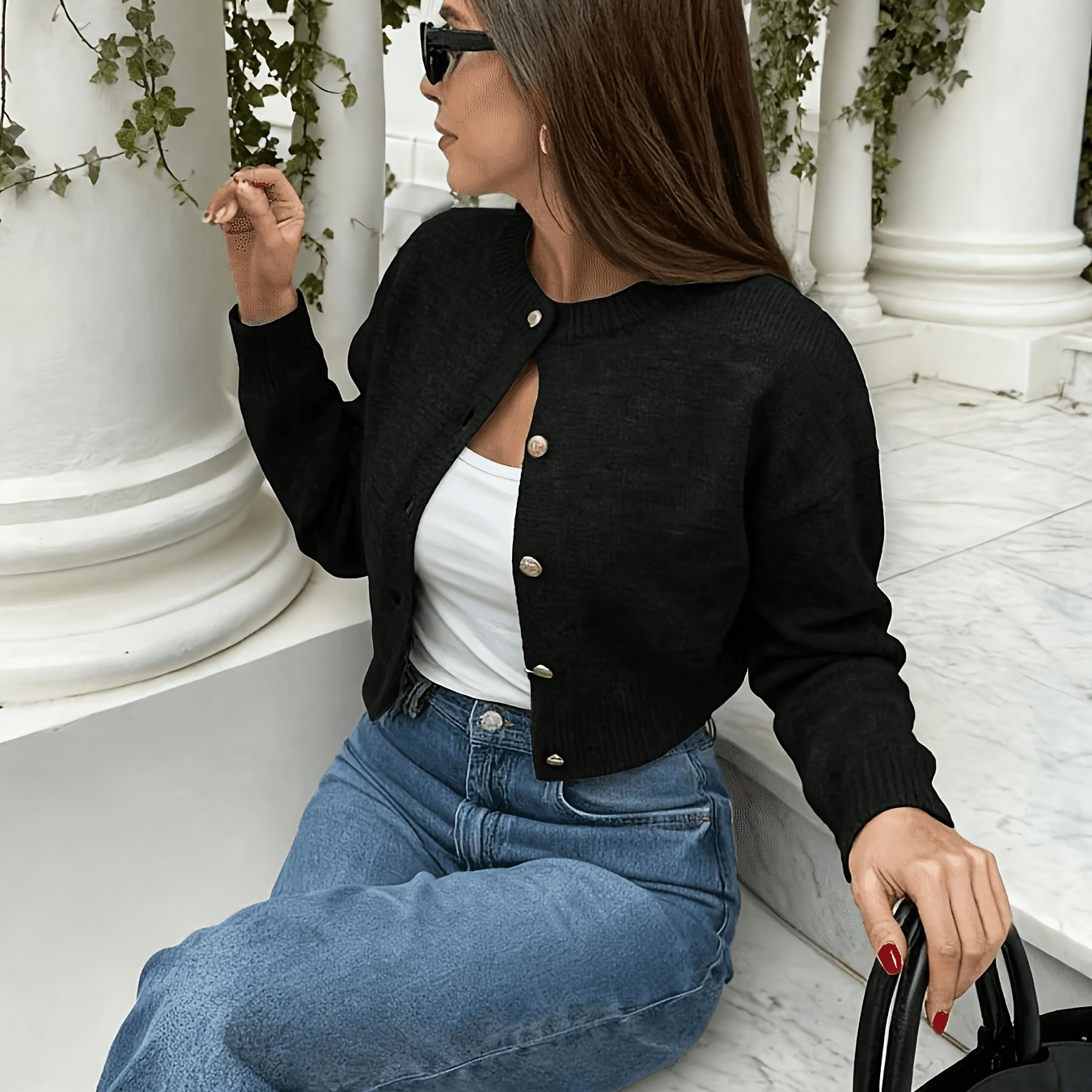 TEMU Qd260615035 Women's Casual Round Neck Long Sleeve Cardigan, Commuter Top, Casual Versatile Sweater, Classic Versatile