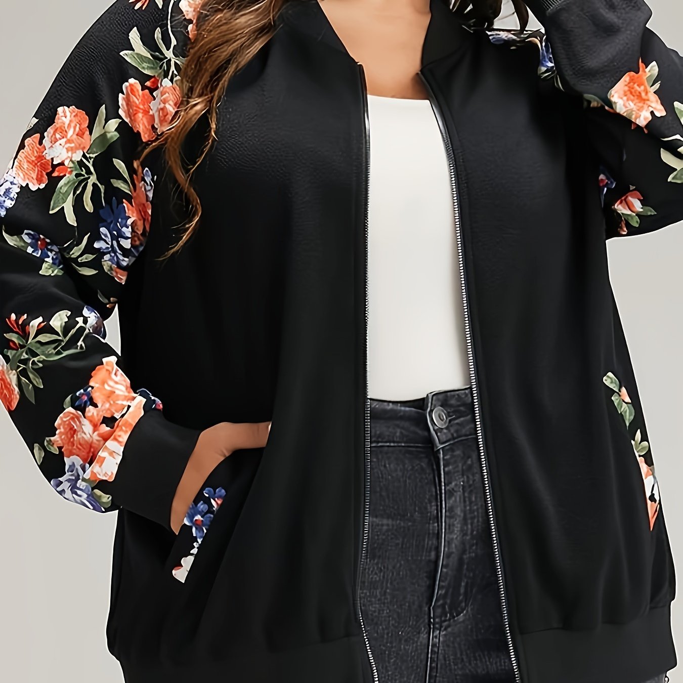 Plus Size - Plus Size - Printed Raglan Sleeve Zip-up Jacket