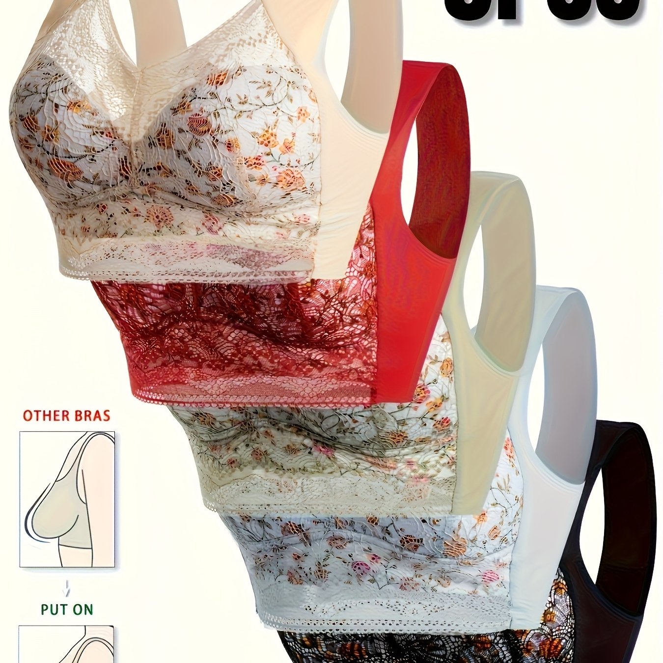 TEMU 5pcs Set Of Elegant Women's Lace Wire-free Bras, Comfortable And Breathable Push-up Cups, Full Coverage Cup Design, Sexy Fitted Lingerie