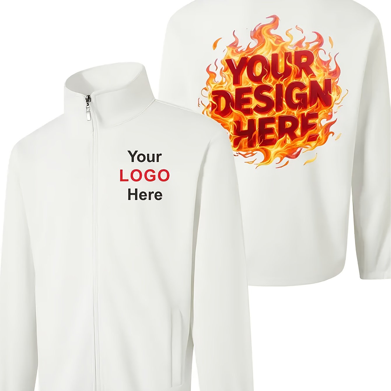 TEMU Men's Custom Stand Collar Zip-up Sweatshirt Jacket - Personalized Printing On Sides, Supports Self- Patterns/logos/text/photos - Dark Base -