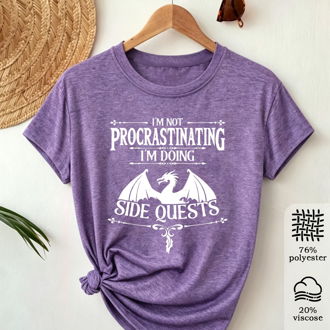 TEMU Women's Retro Graphic T-shirt - " Procrastinating I'm Doing Side Quests" Dragon Design, Soft Stretchy Fabric, Round Neck Short Sleeve Tee For