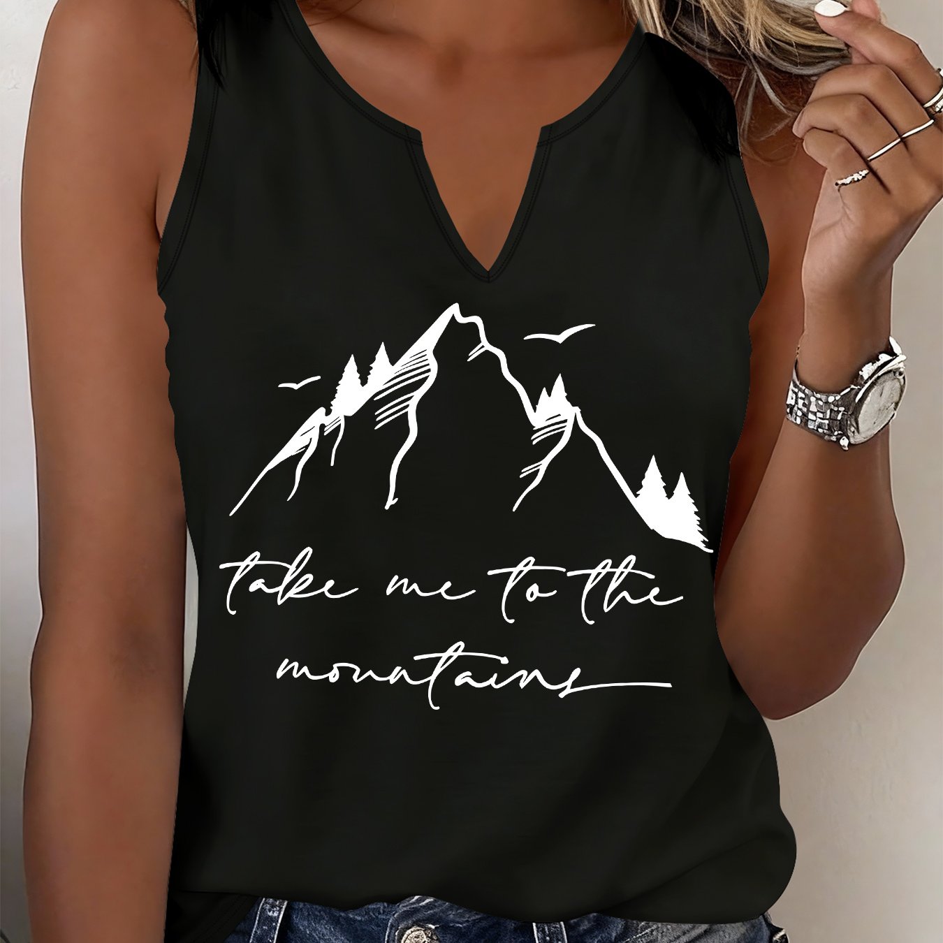 TEMU (052#) Women's Fashion Refreshing Vest, V-neck Sleeveless Vest With Mountain Scenery English Print, Casual